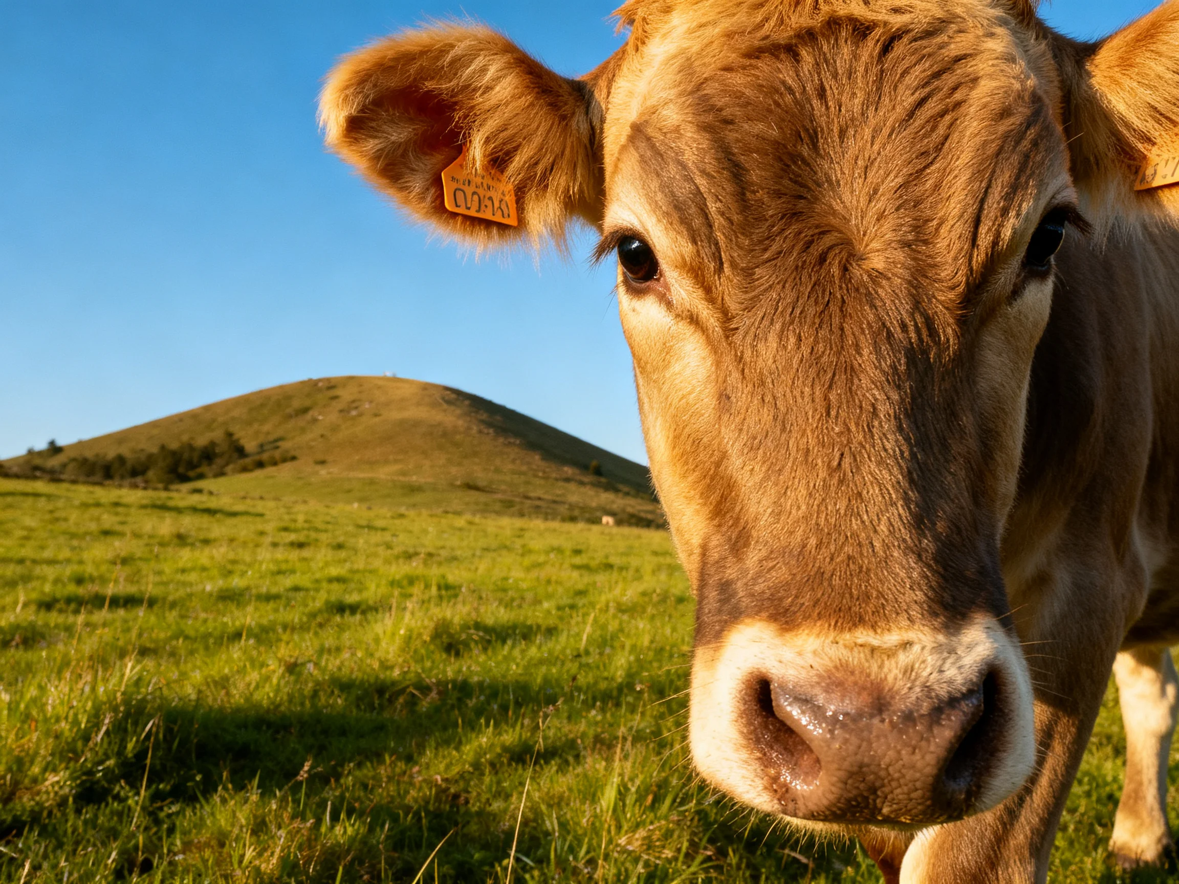 A close - up of a brown cow in a sunny green pasture with a hill