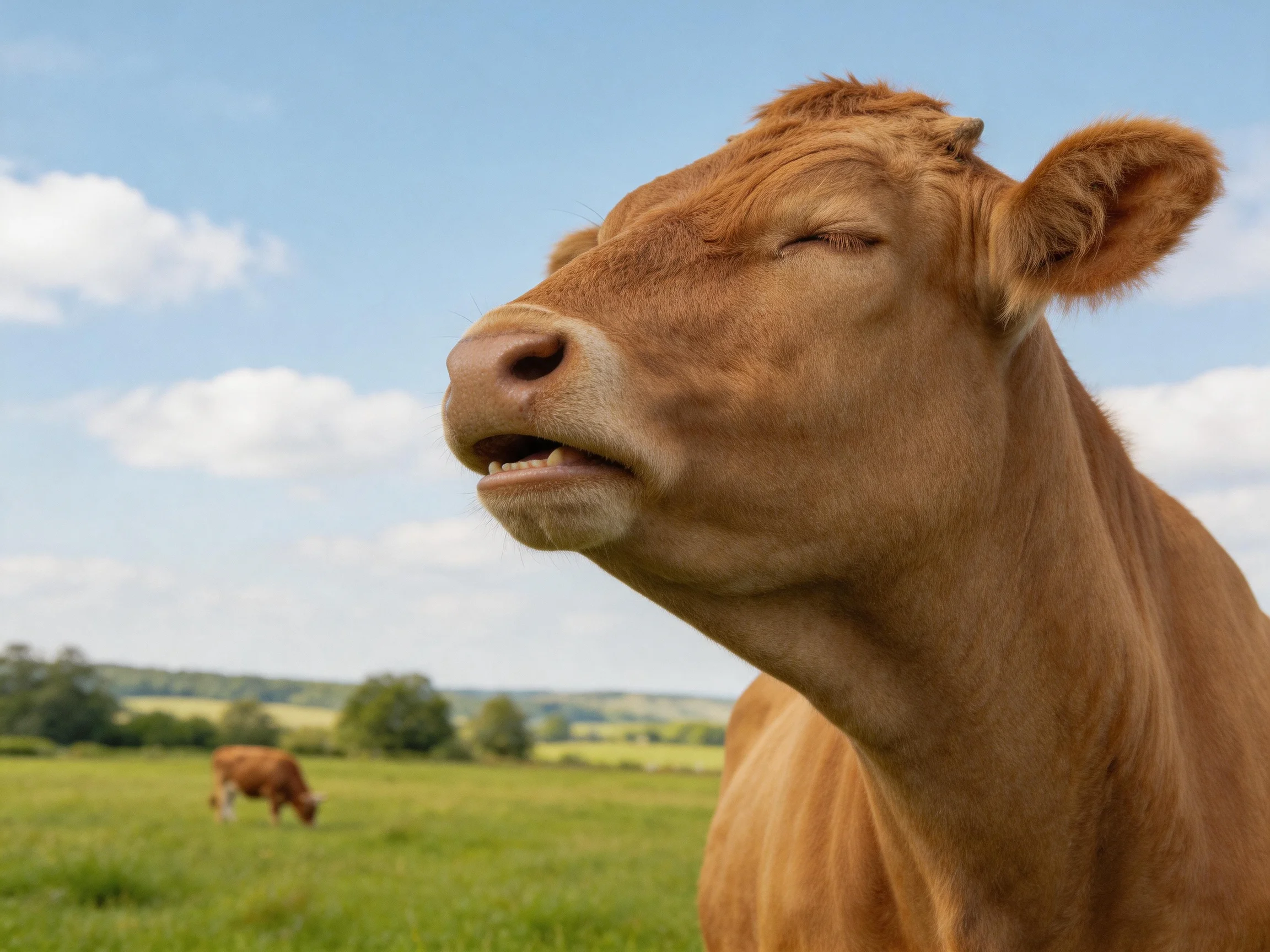 A close-up of a brown cow with closed eyes in a sunny pasture