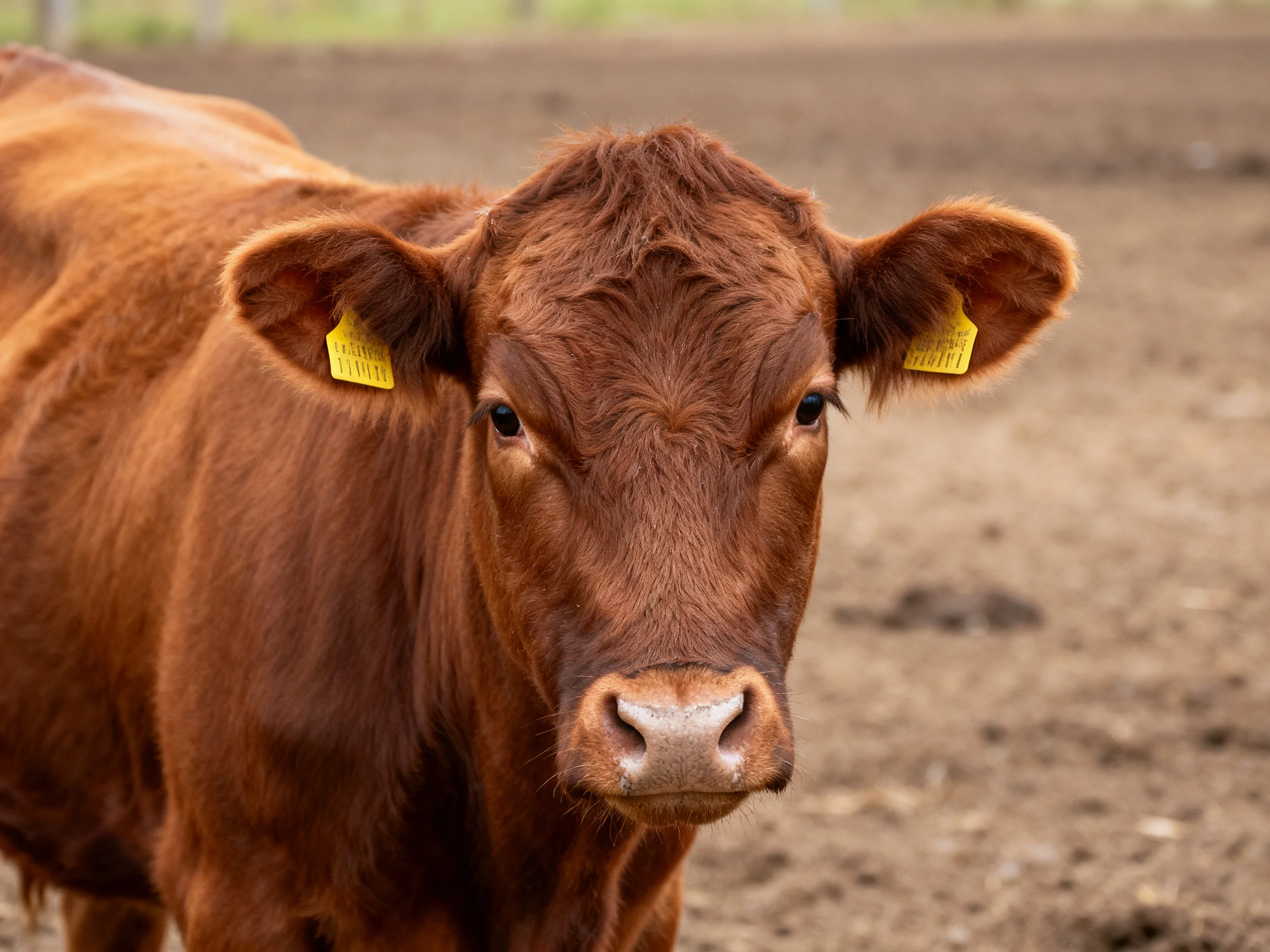 A close-up of a brown cow with yellow ear tags in an open field