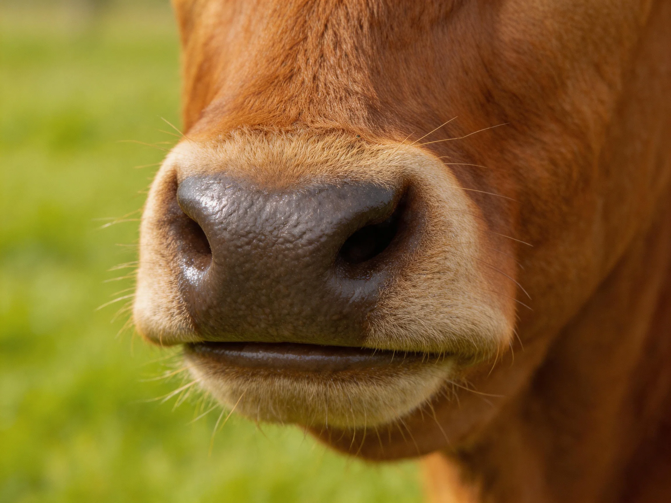 A close - up of a brown cows textured snout against greenery