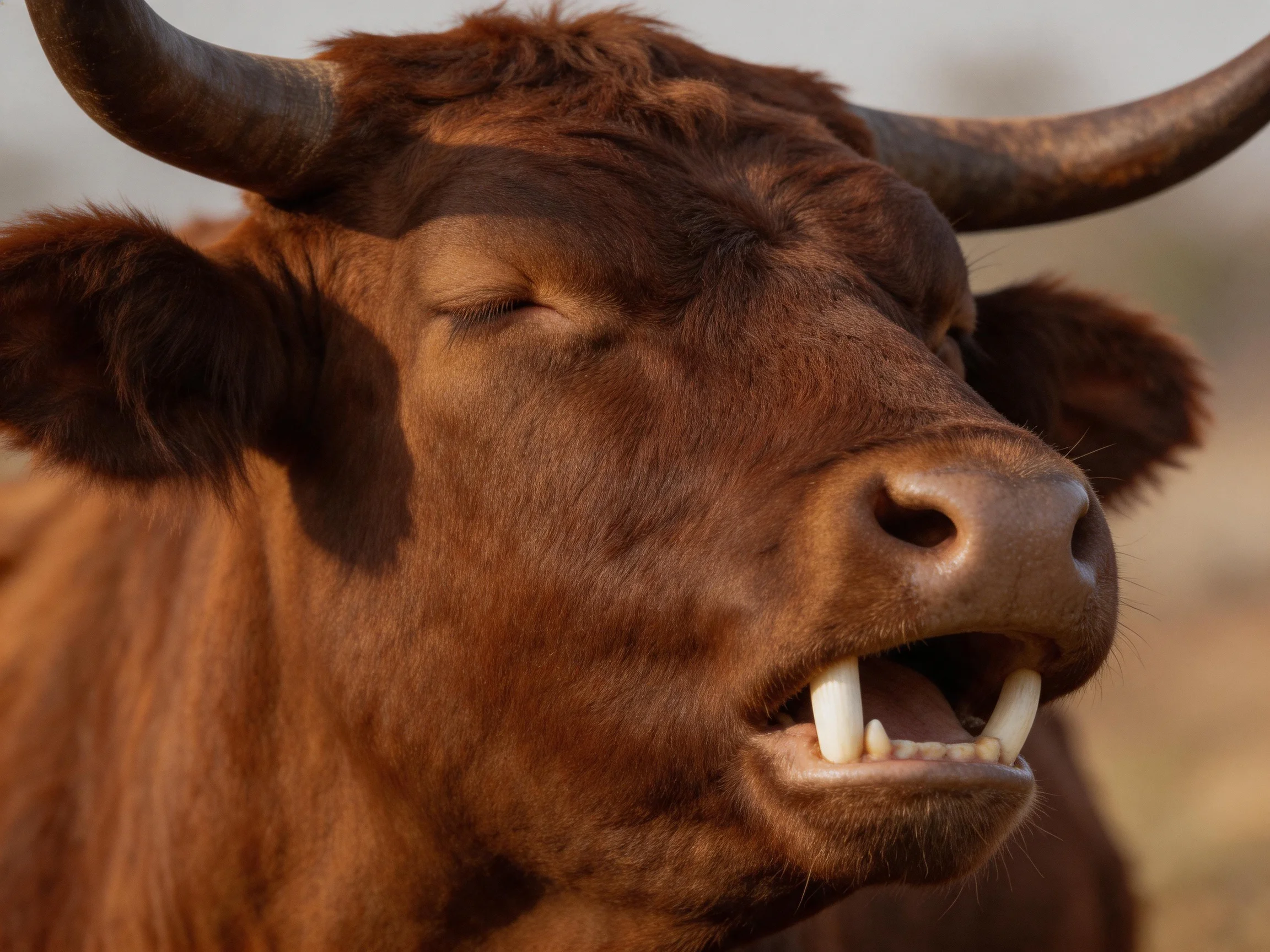 A close-up of a brown horned cow with prominent teeth