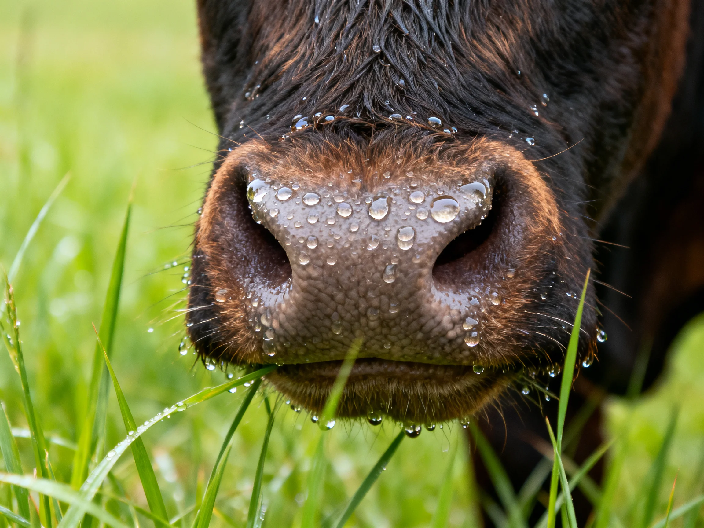 A close - up of a cow’s wet nose with dew drops amid lush green grass