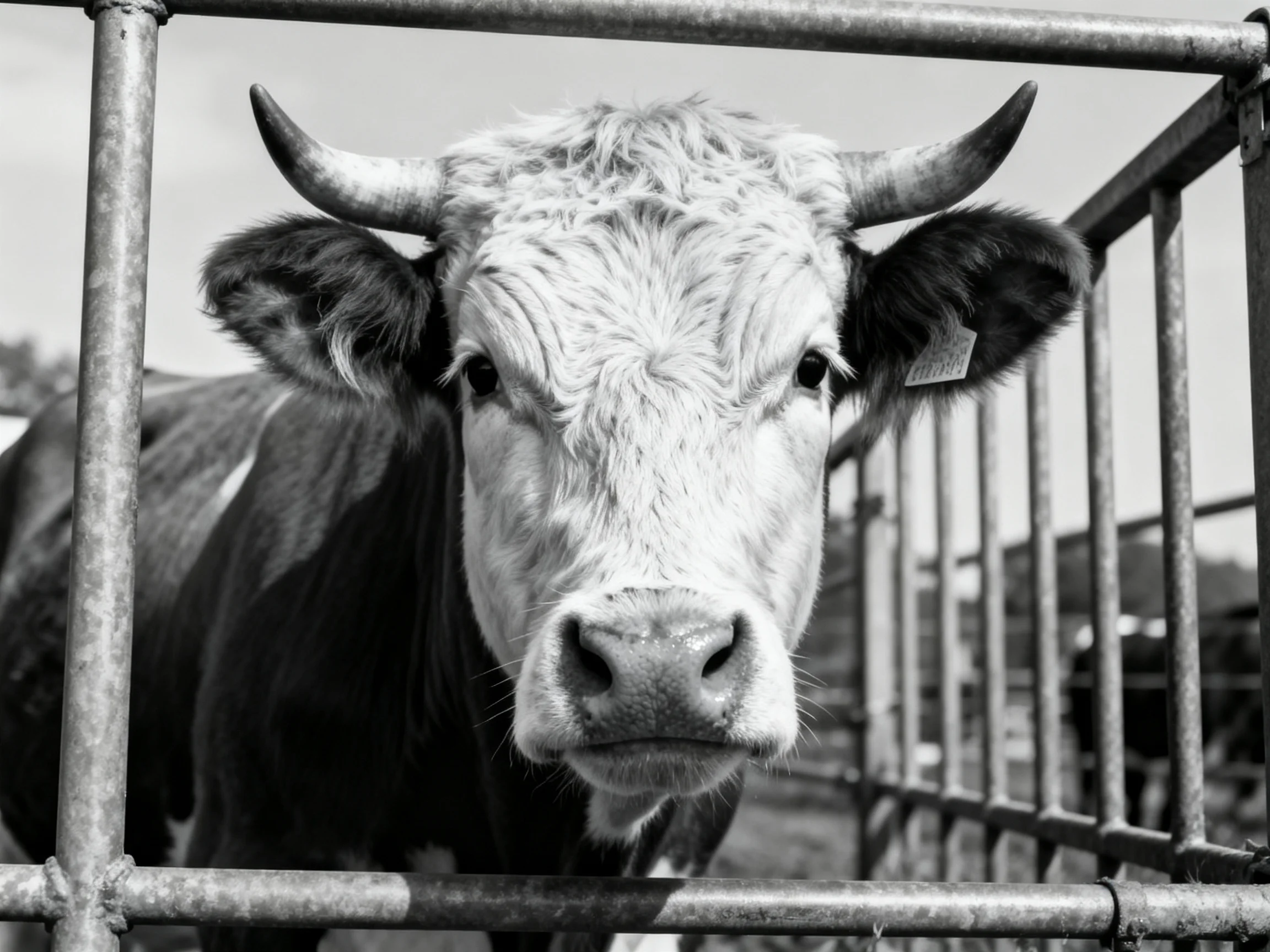 A close - up of a horned cow behind metal fencing in monochrome