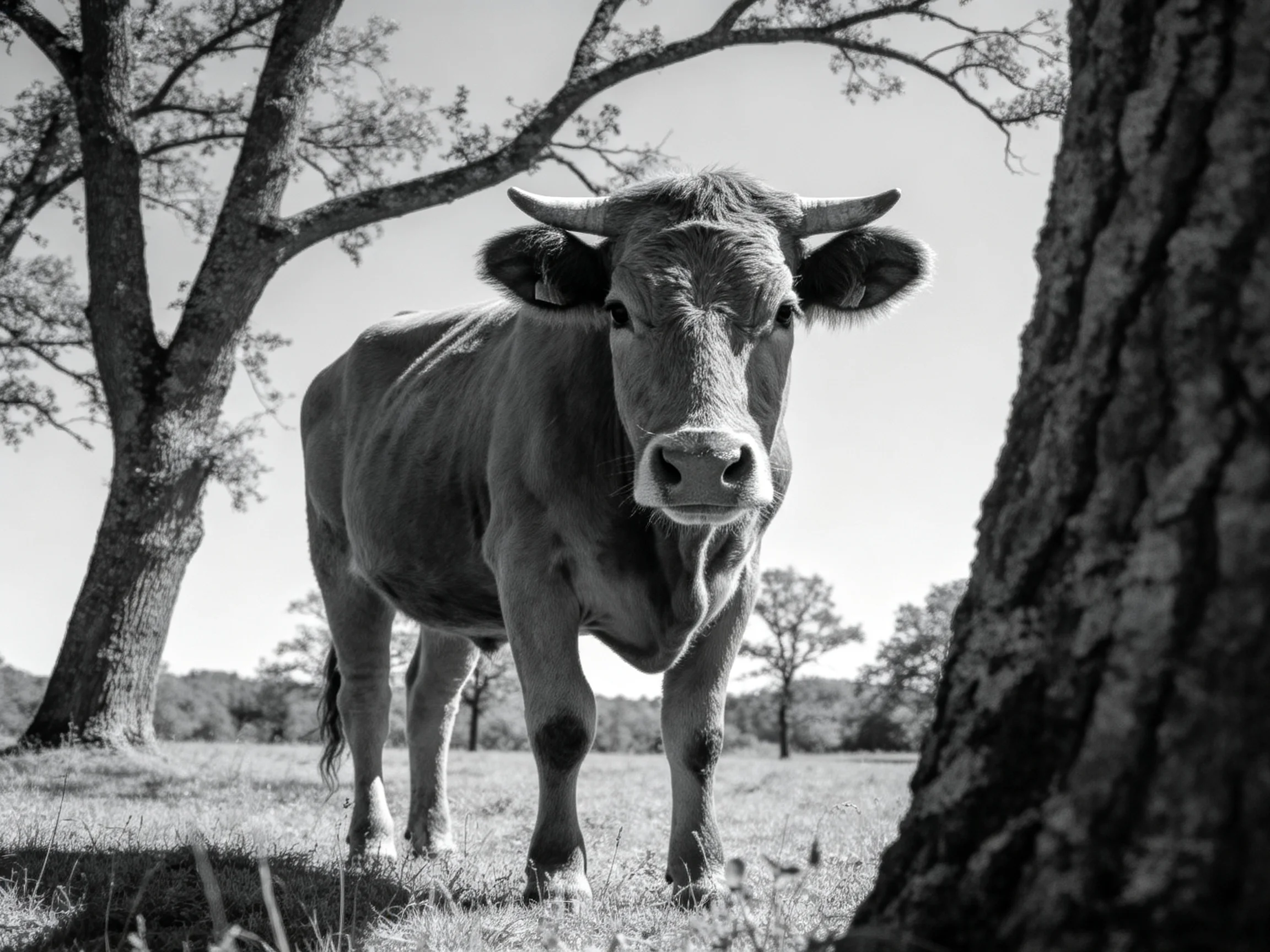 A close - up of a horned cow near large trees in a field