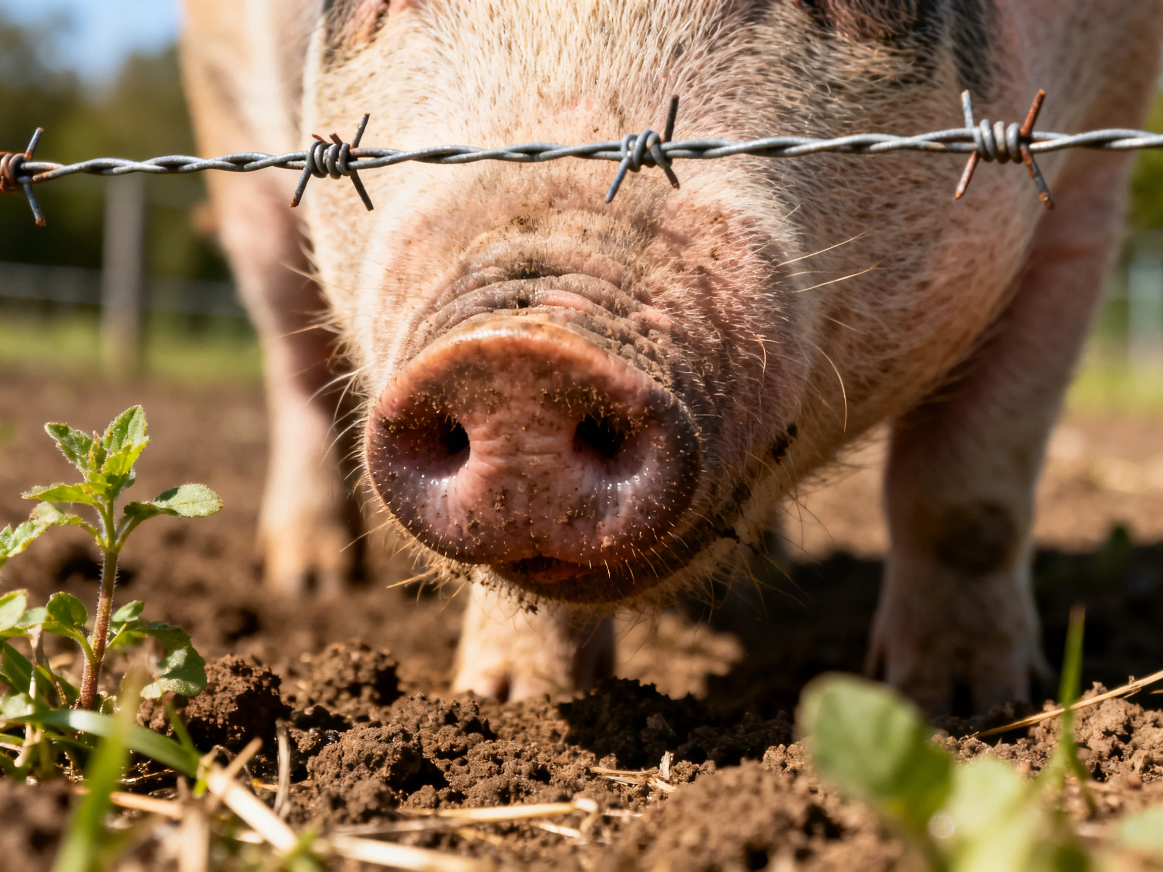 A close-up of a pink pig near barbed wire with muddy ground