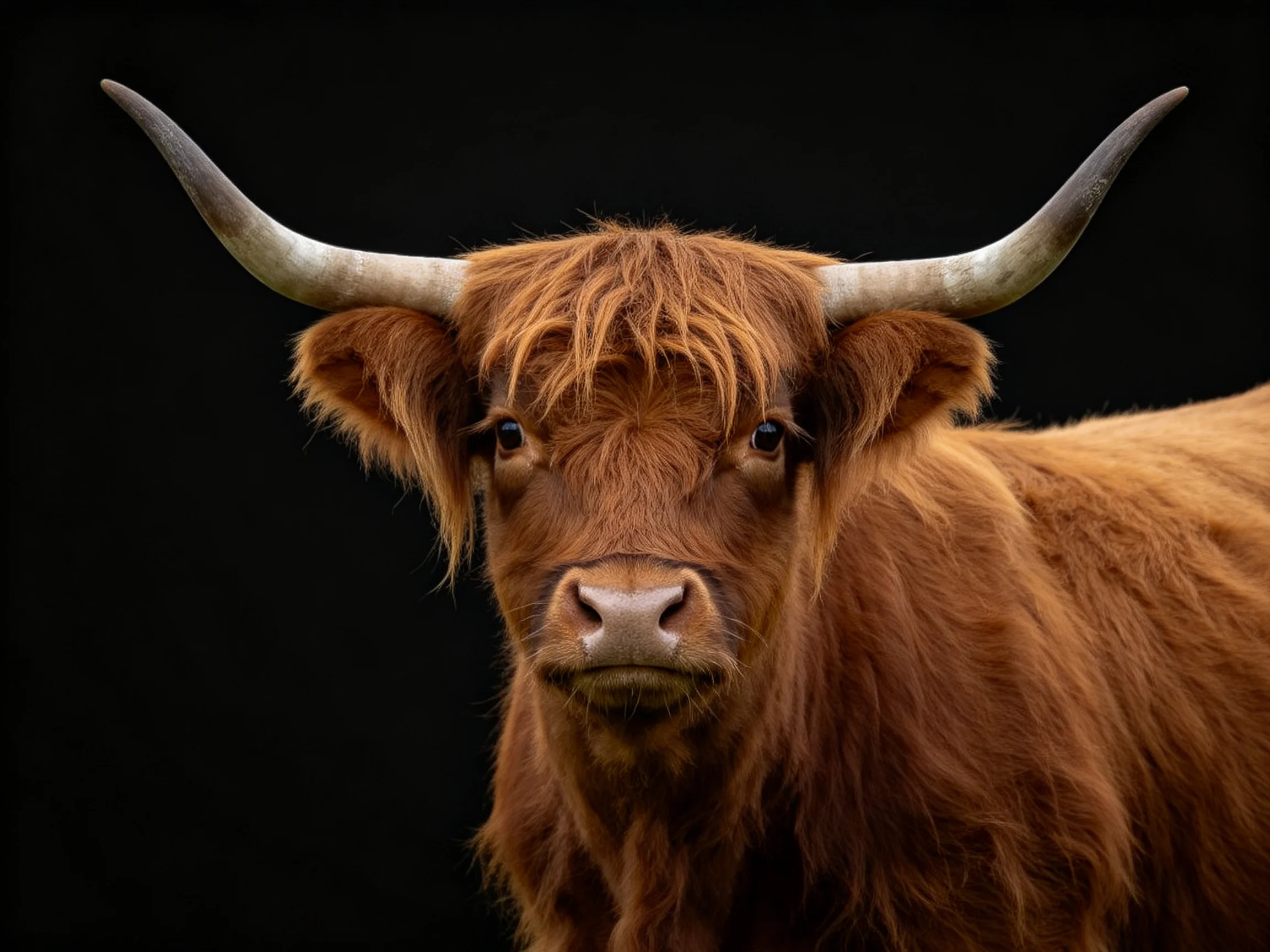 A close-up of a reddish-brown Highland cow with large curved horns