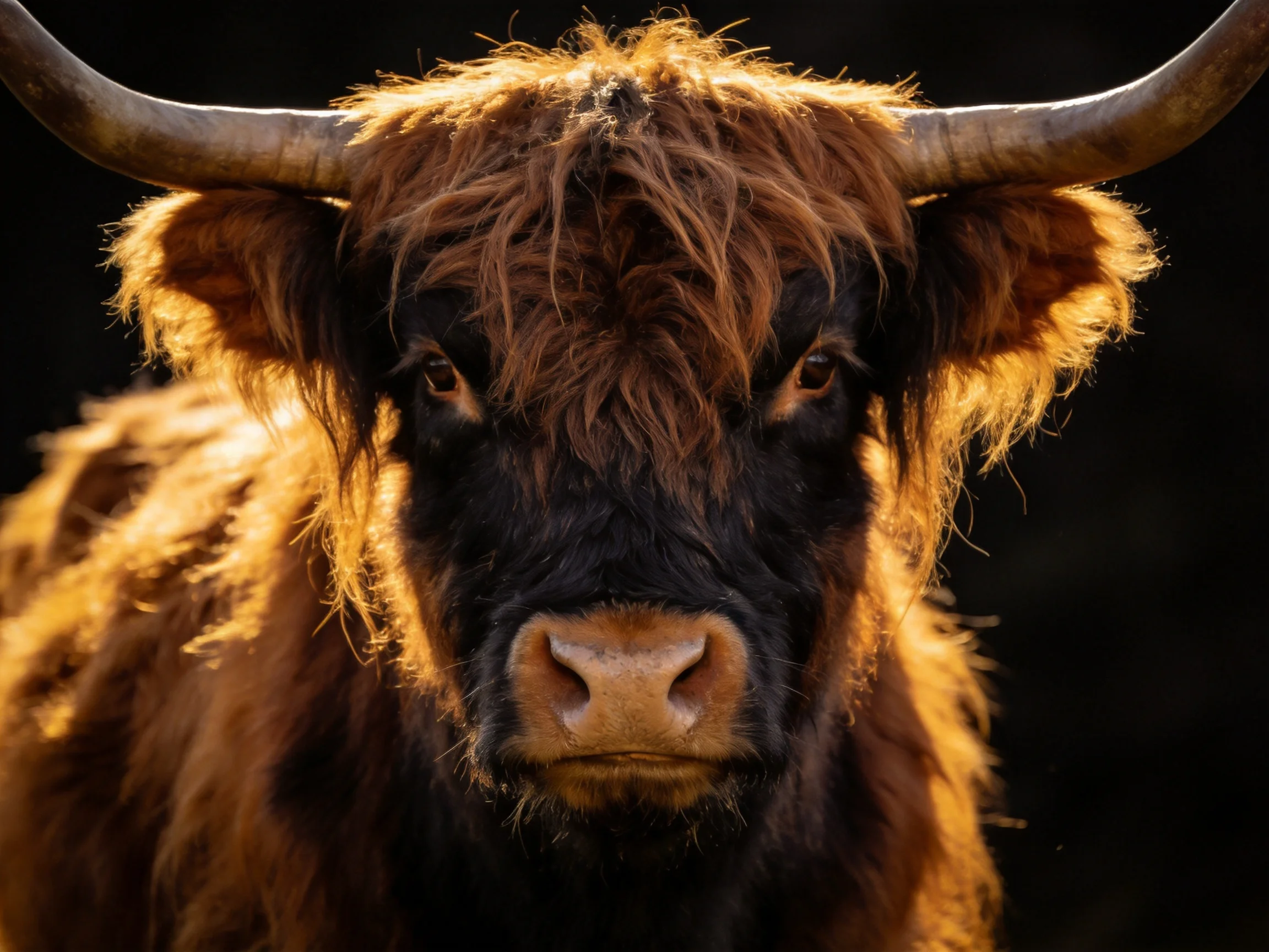 A close-up of a shaggy brown Highland cow with large curved horns