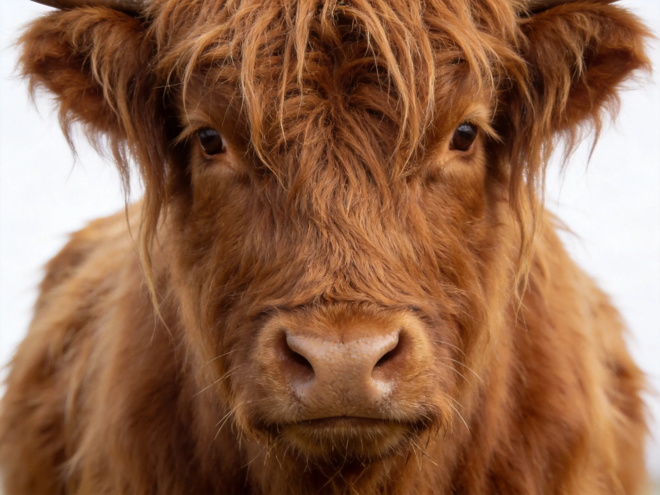 A close - up of a shaggy brown Highland cow with long fur