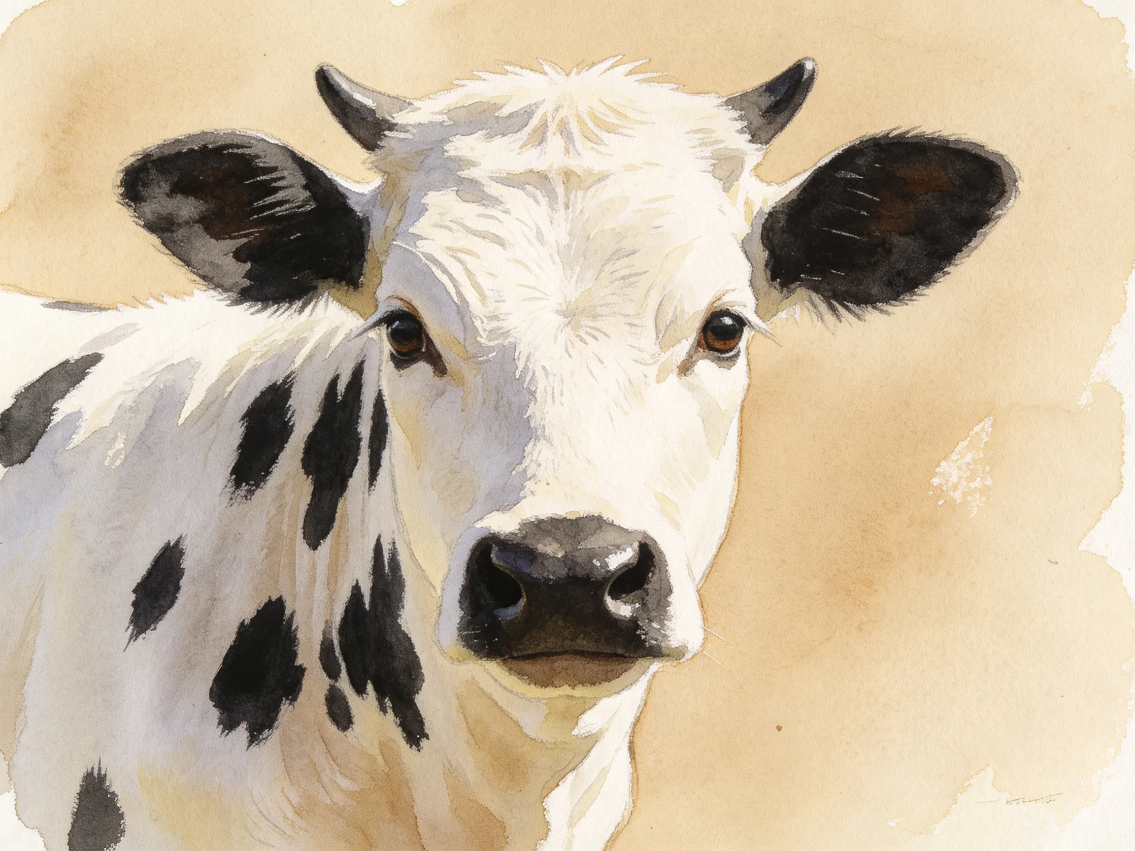 A spotted white cow gazes directly at the viewer with a soft beige background.