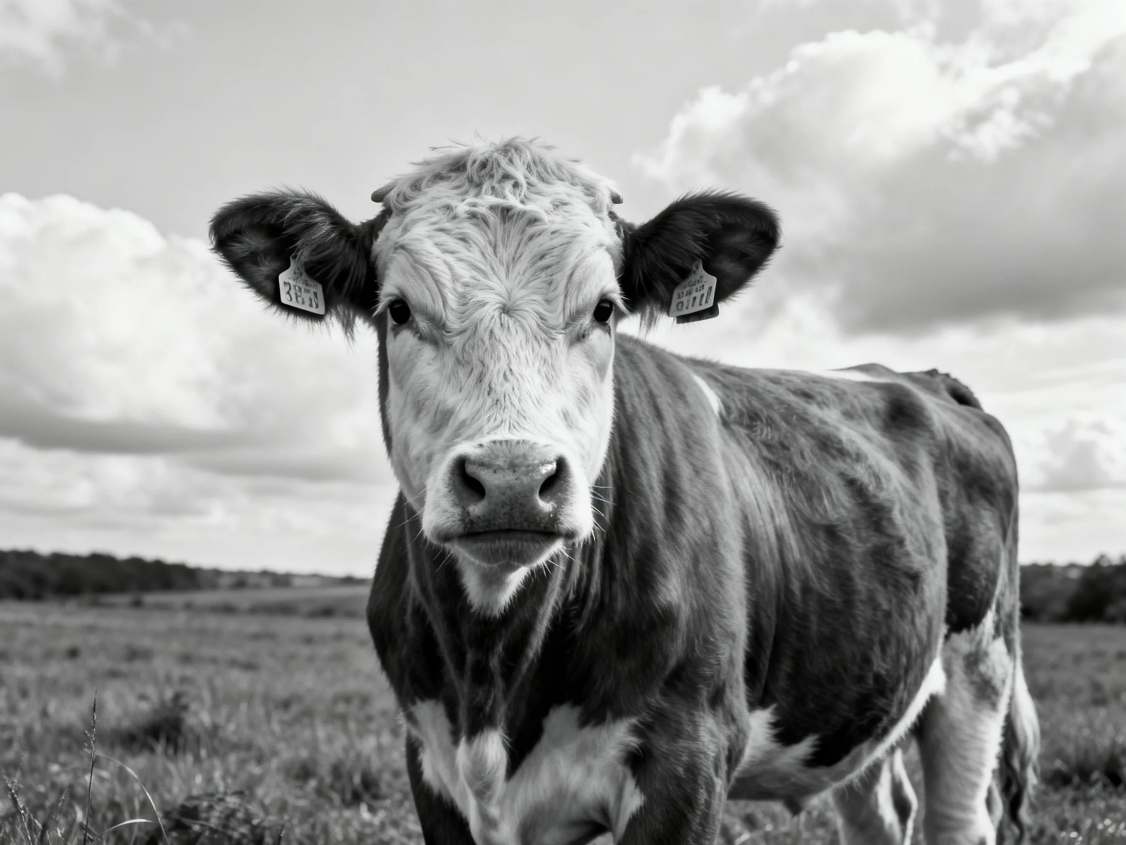 A close - up of a tagged cow in a grassy field under cloudy skies