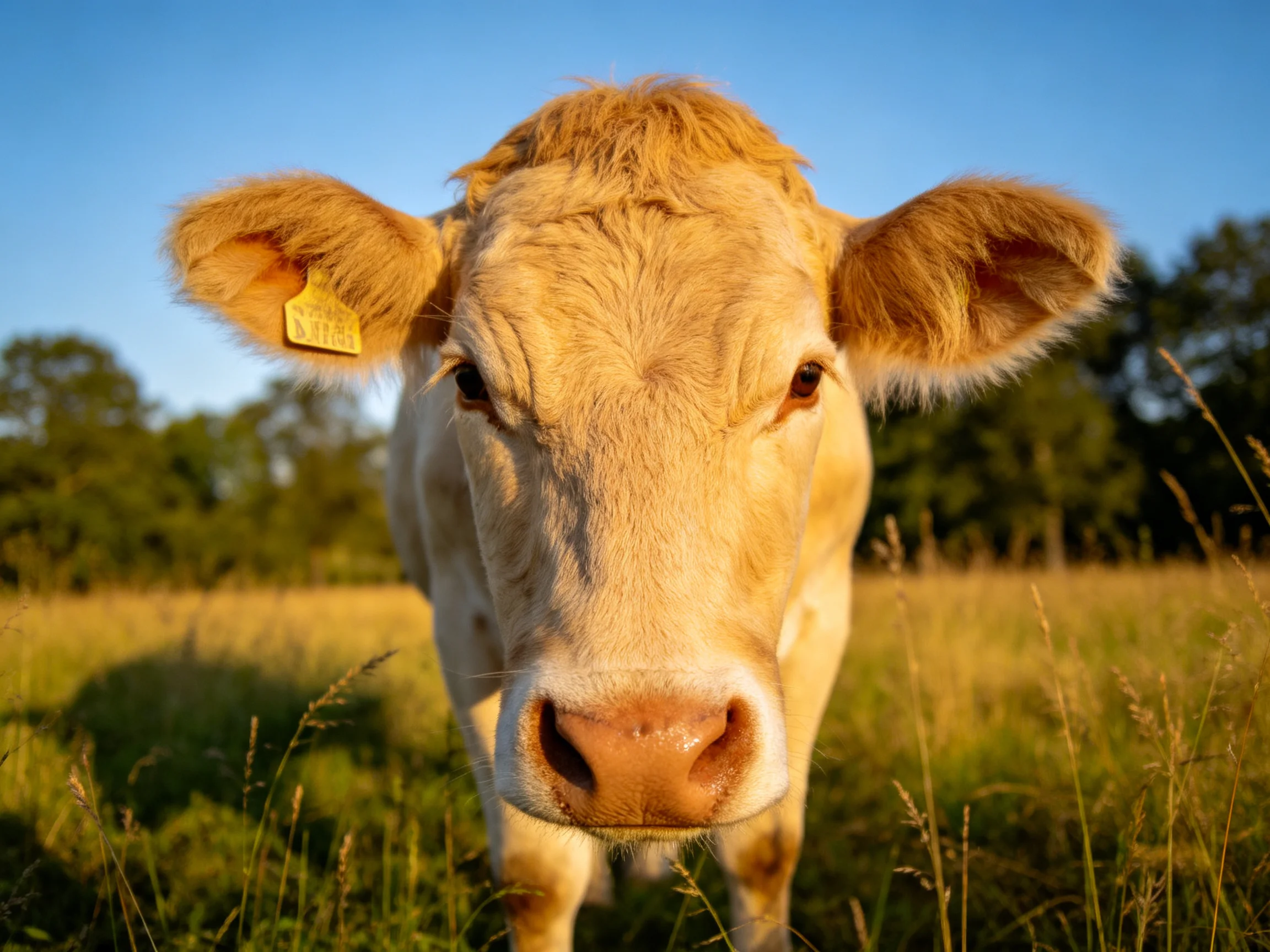 A close-up of a tan cow in a sunlit grassy field