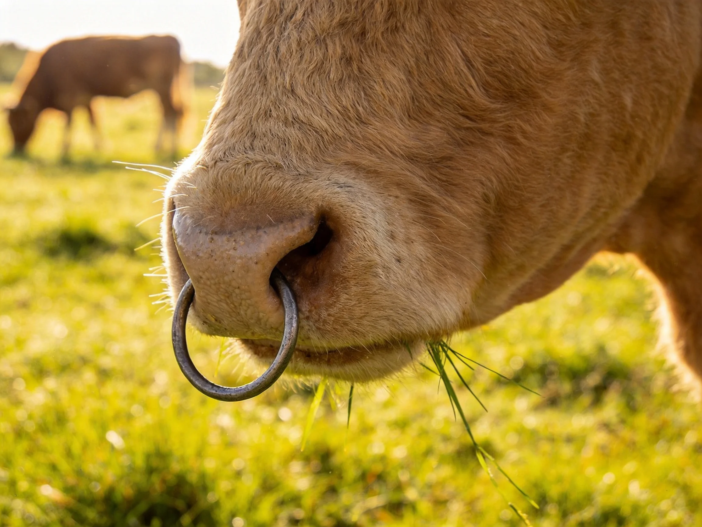 A close - up of a tan cow with a metal nose ring in a sunlit pasture