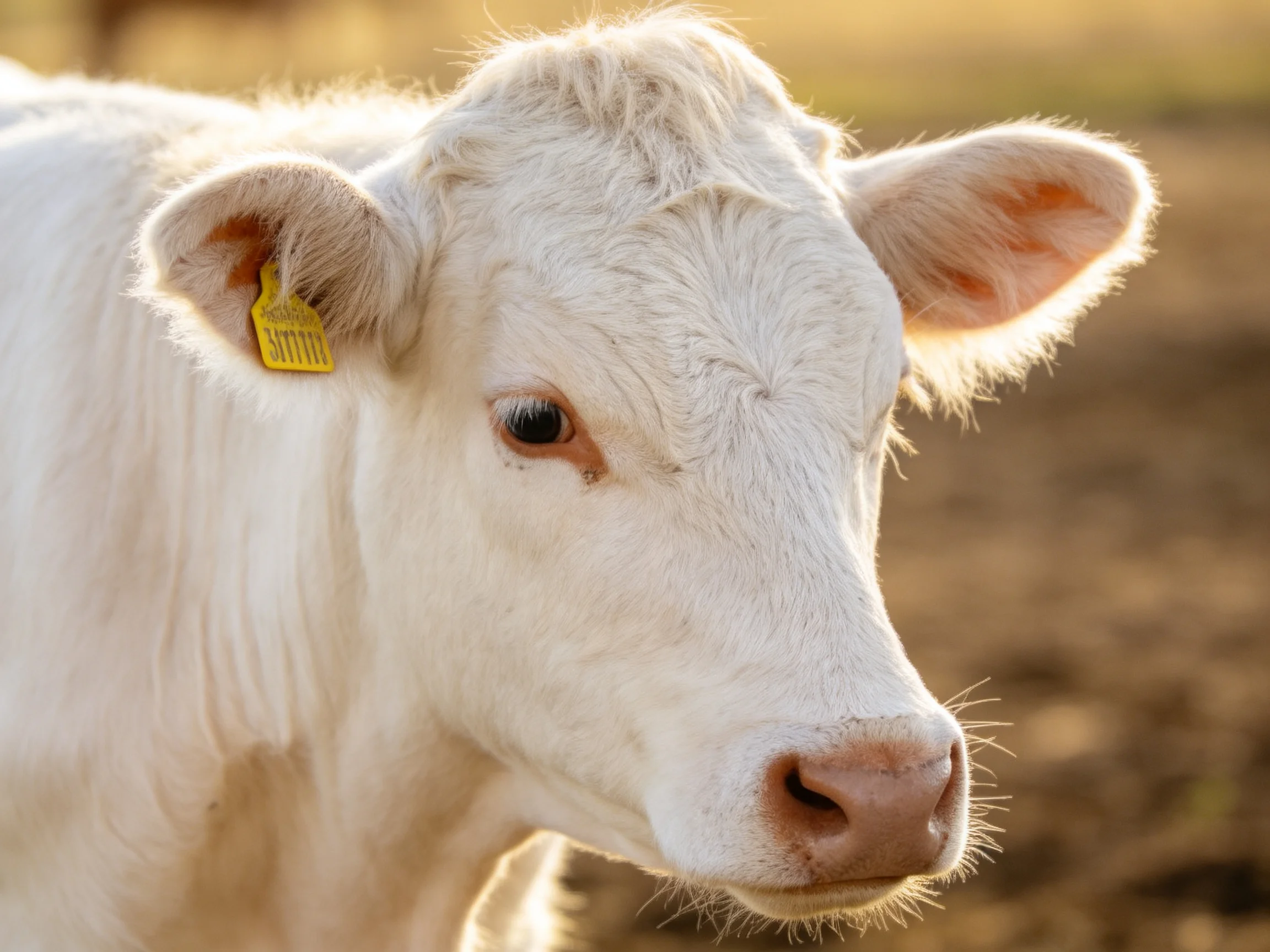 A close-up of a white calf with a yellow ear tag in a sunlit field