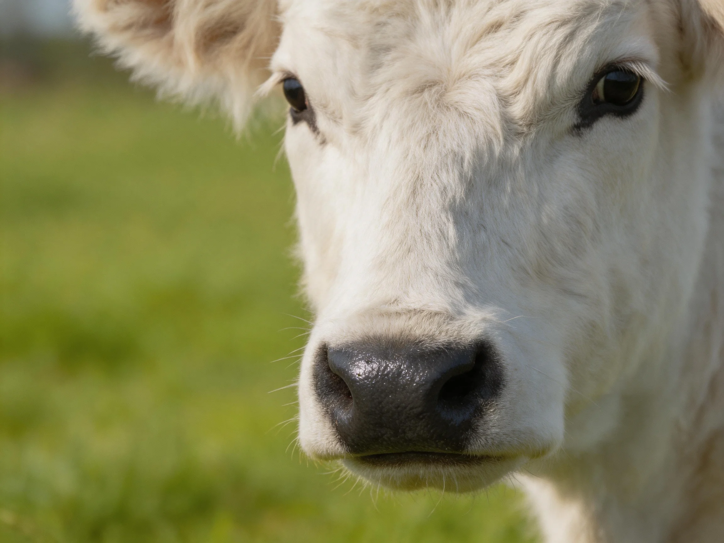 A close - up of a white calf with soft fur and green meadow backdrop