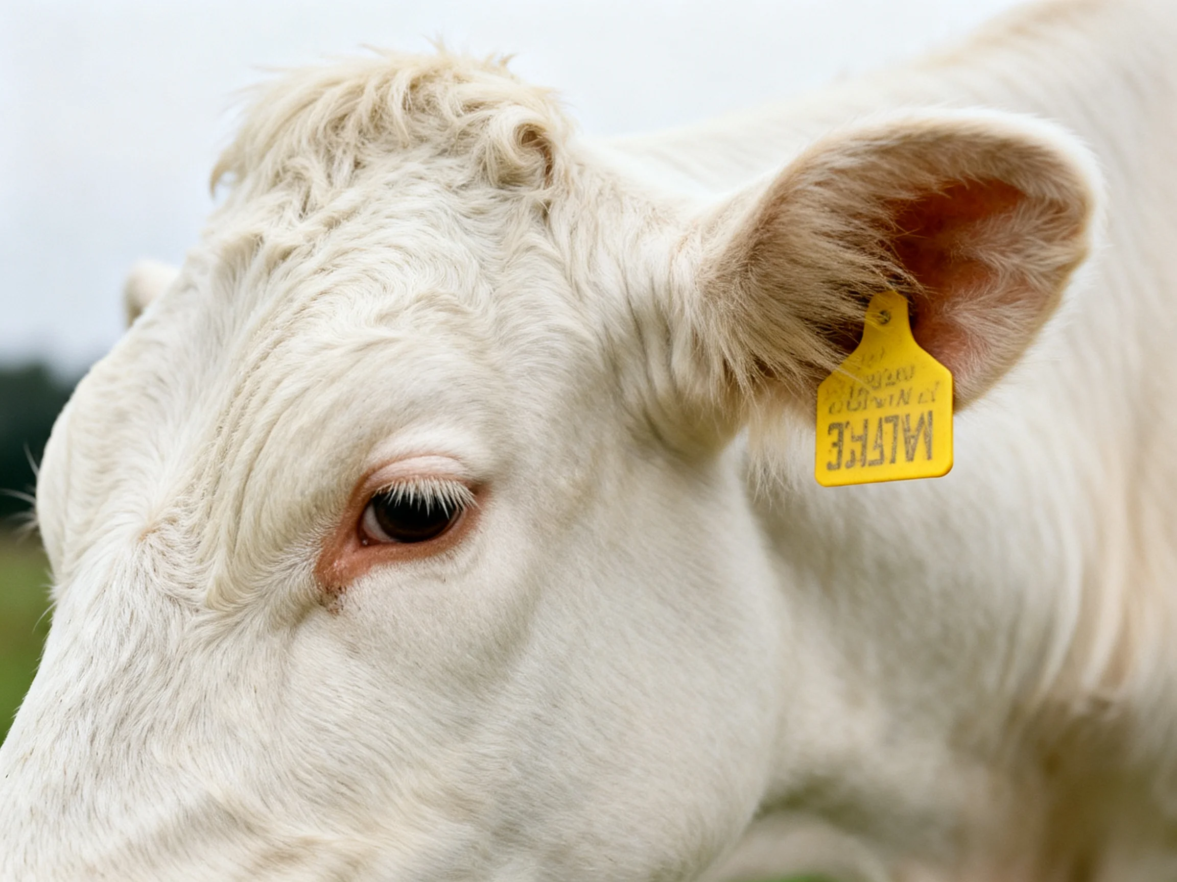 A close - up of a white cow with a bright yellow ear identification tag