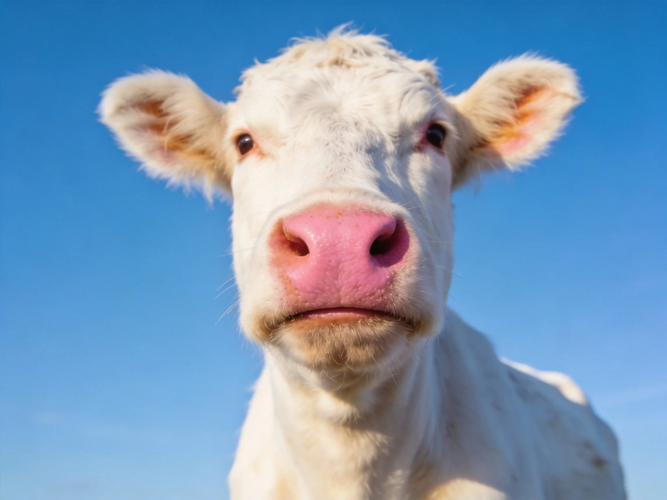 A close - up of a white cow with a pink nose against a clear blue sky