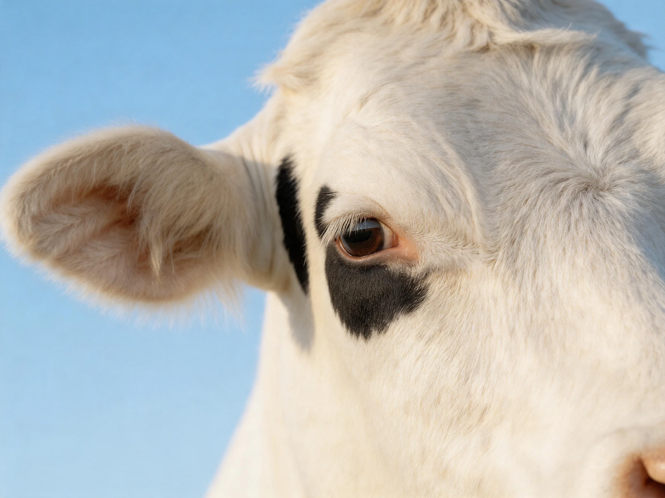 A close - up of a white cow with black facial markings against a clear blue sky