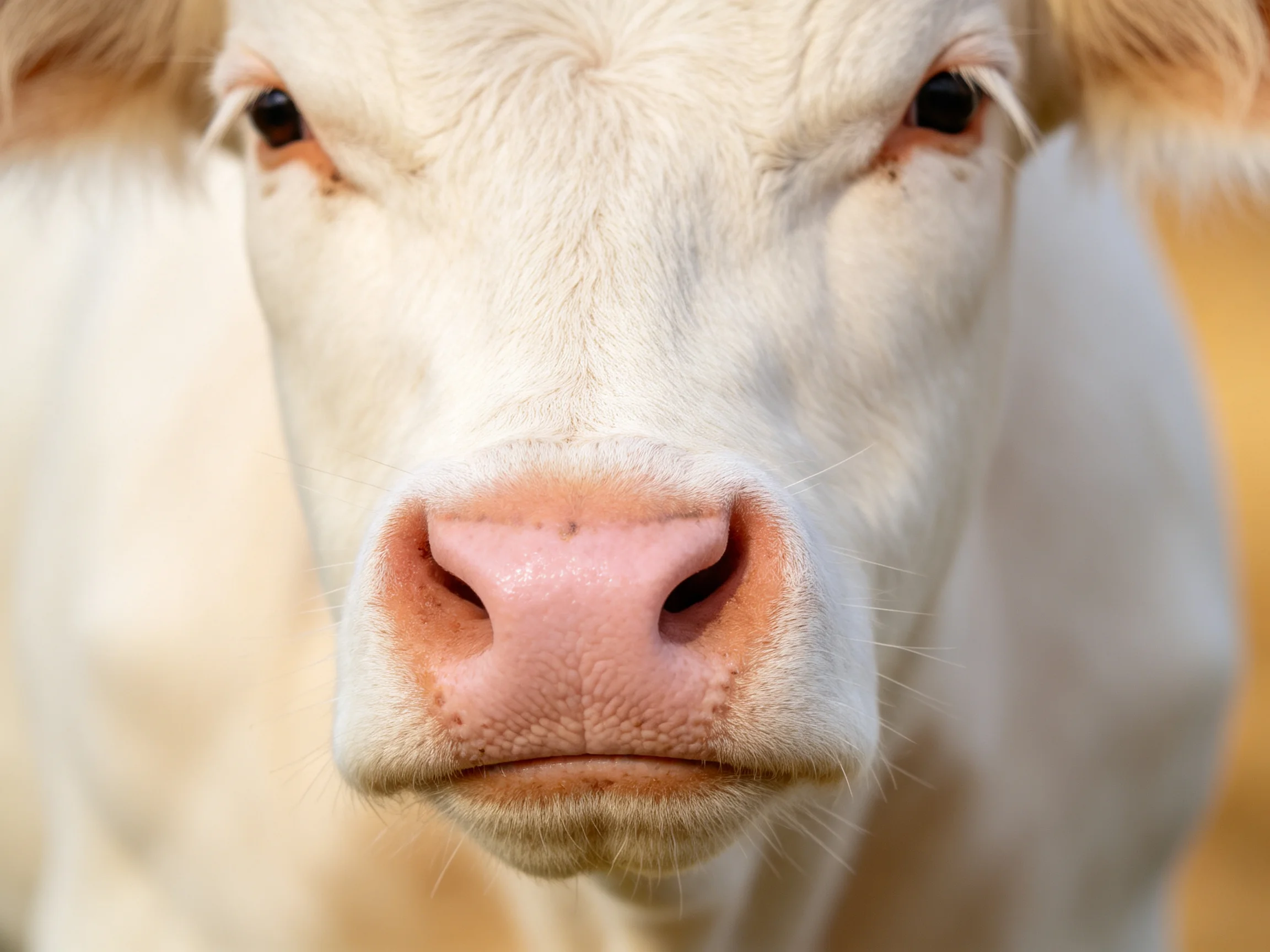 A close - up of a white cow’s face with pink snout and dark eyes
