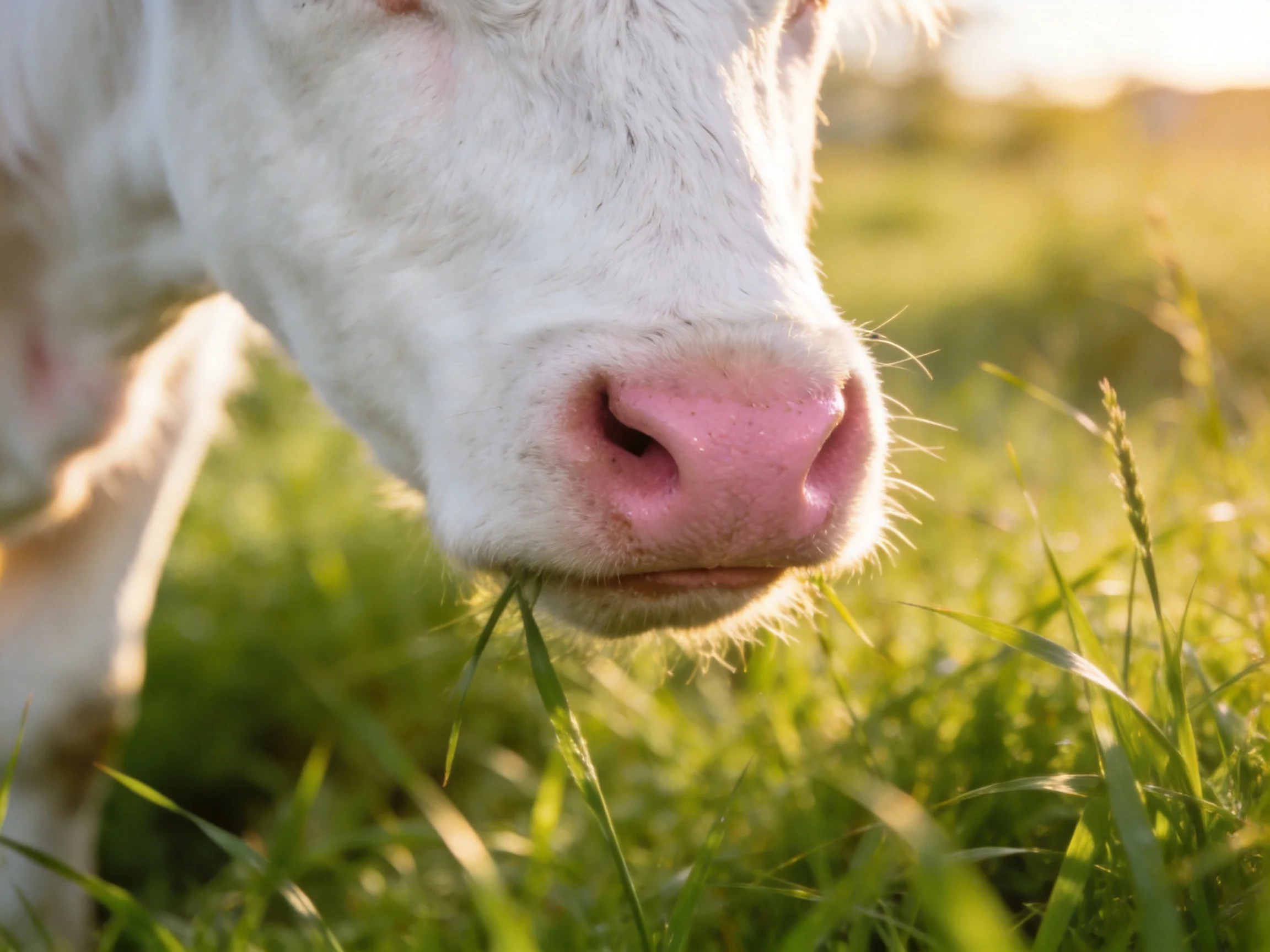 A close - up of a white cow’s pink nose grazing in lush green grass