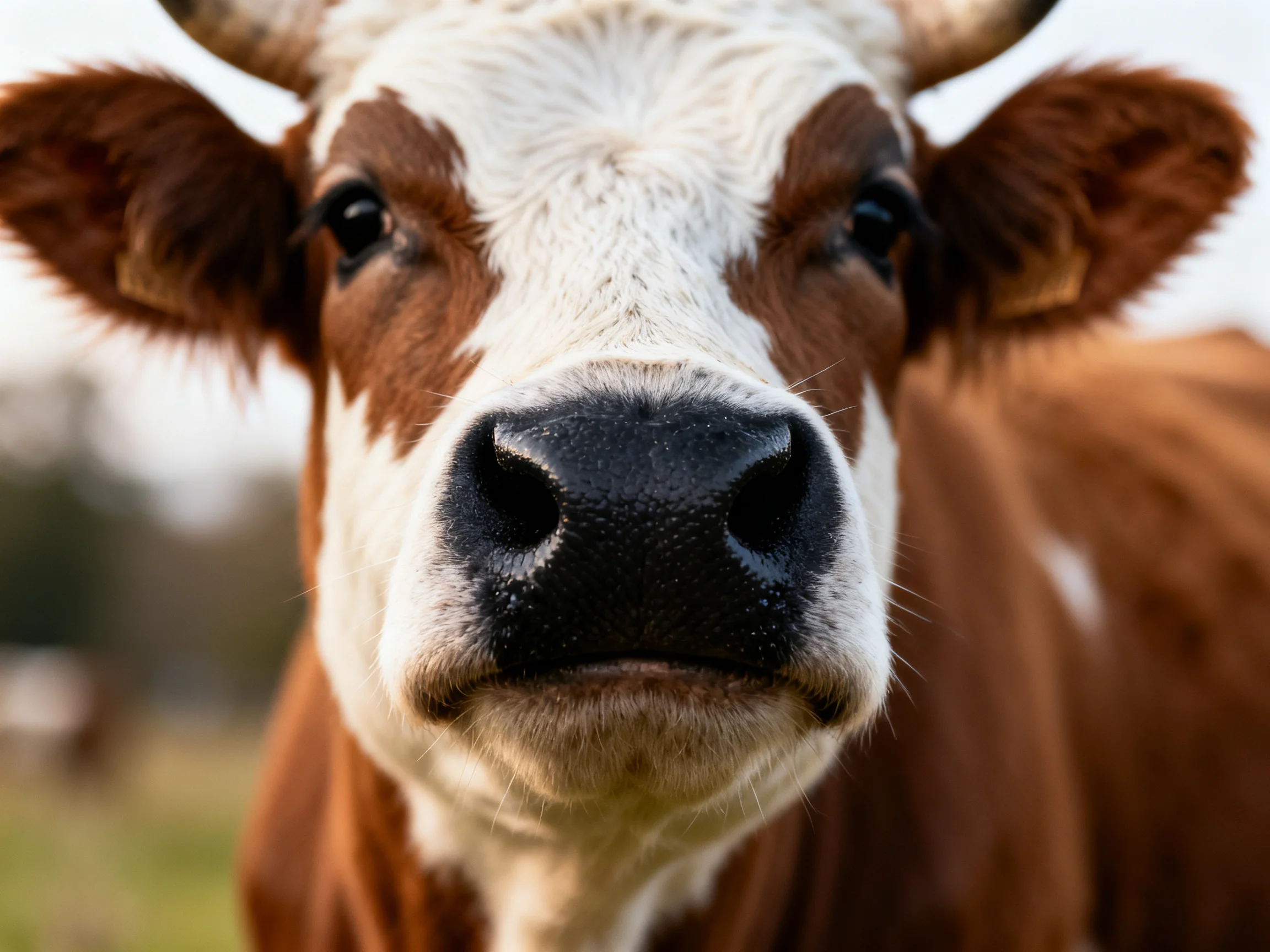 A close - up portrait of a brown and white cow with distinct facial markings