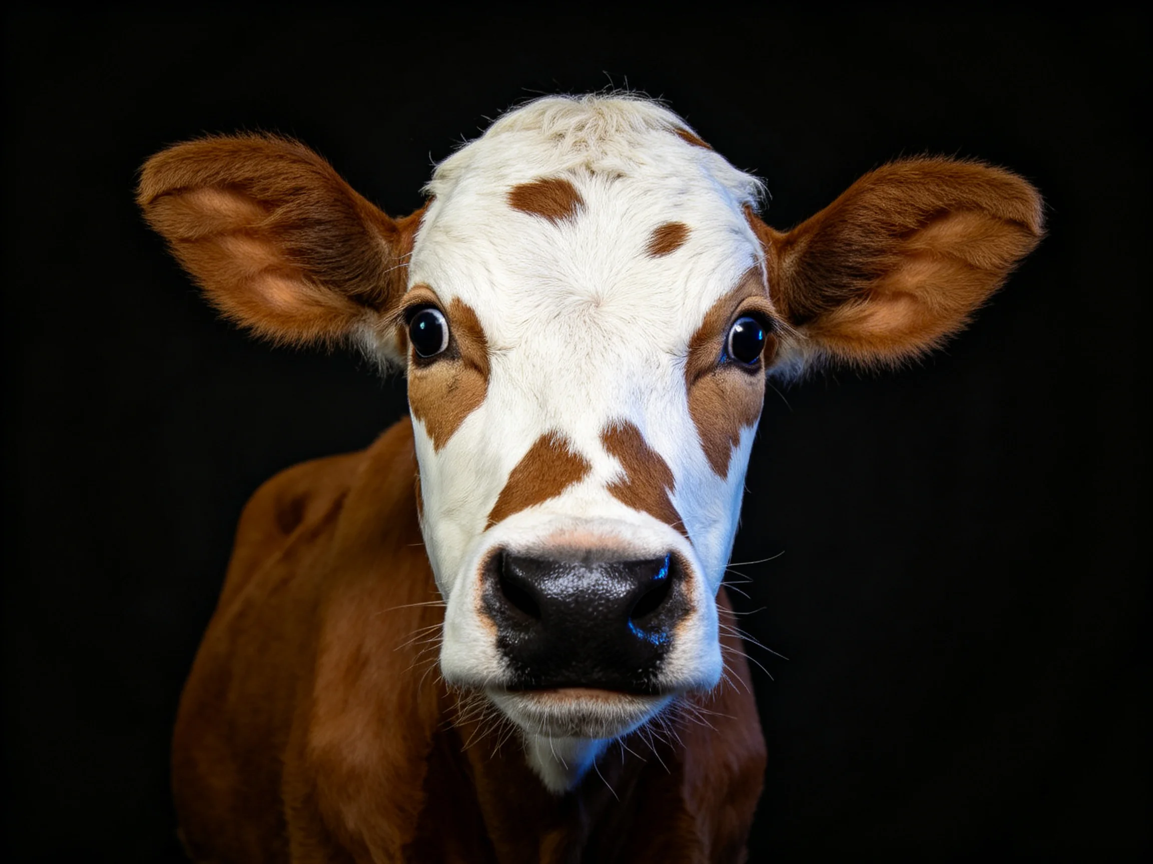 A close - up portrait of a brown and white spotted calf with large ears