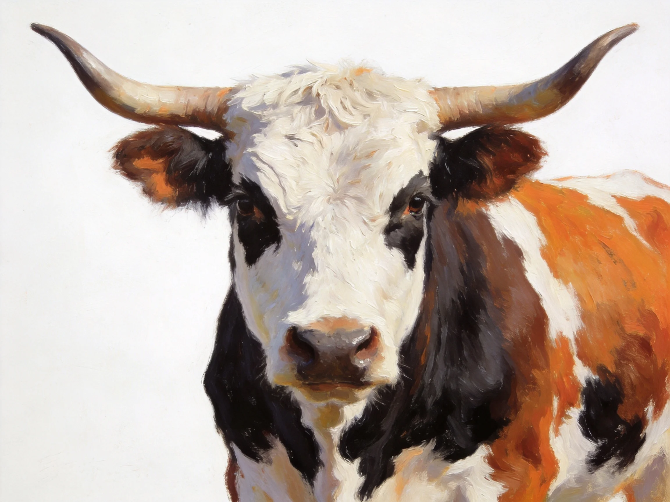 A close - up portrait of a horned cow with distinctive color patterns
