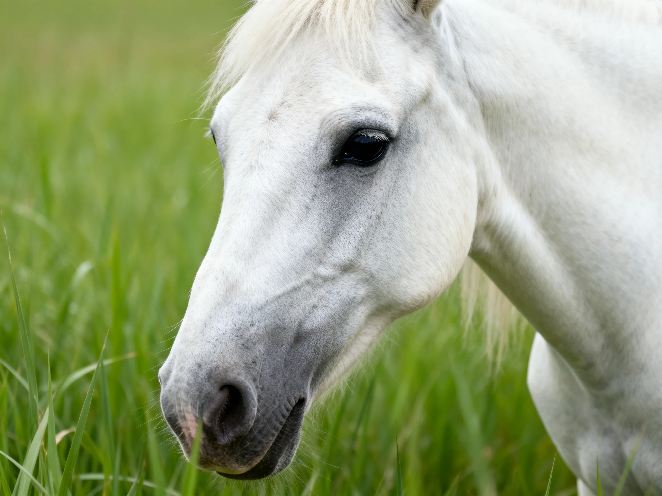 A close - up view of a white horse among tall green grasses