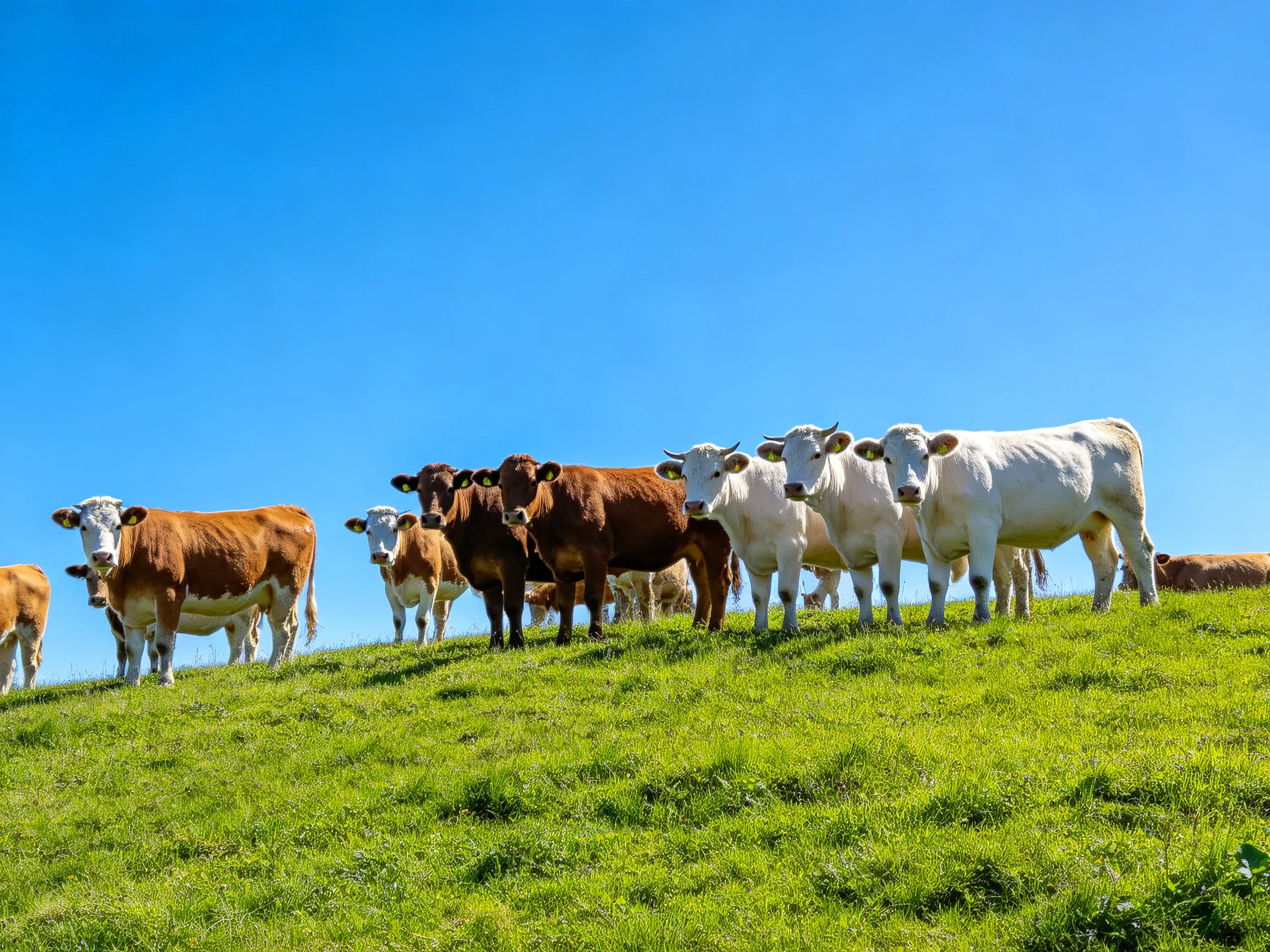 Brown and white cows gather on a green hillside under a clear blue sky.