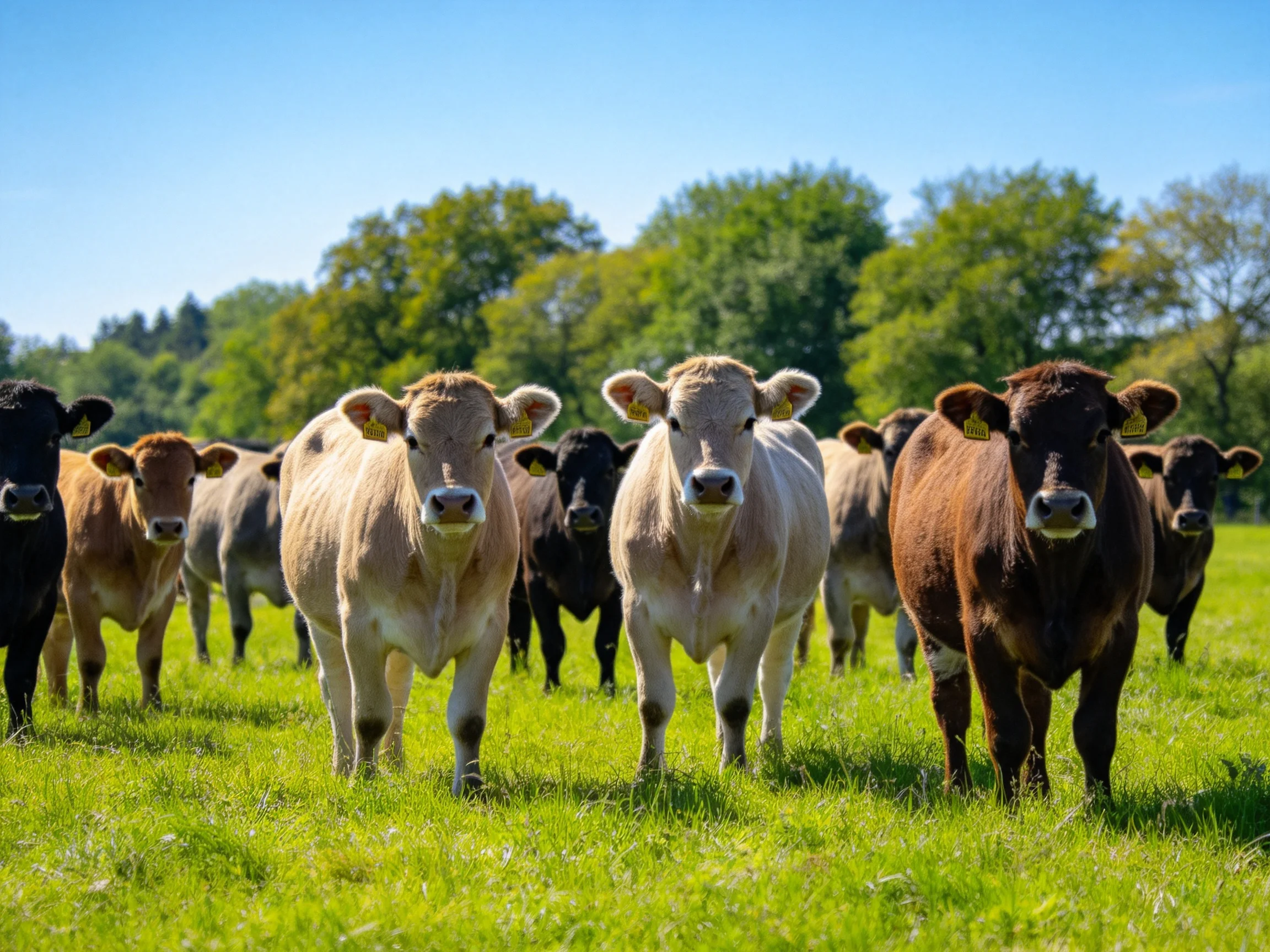 A colorful herd of cattle in a sunlit green pasture