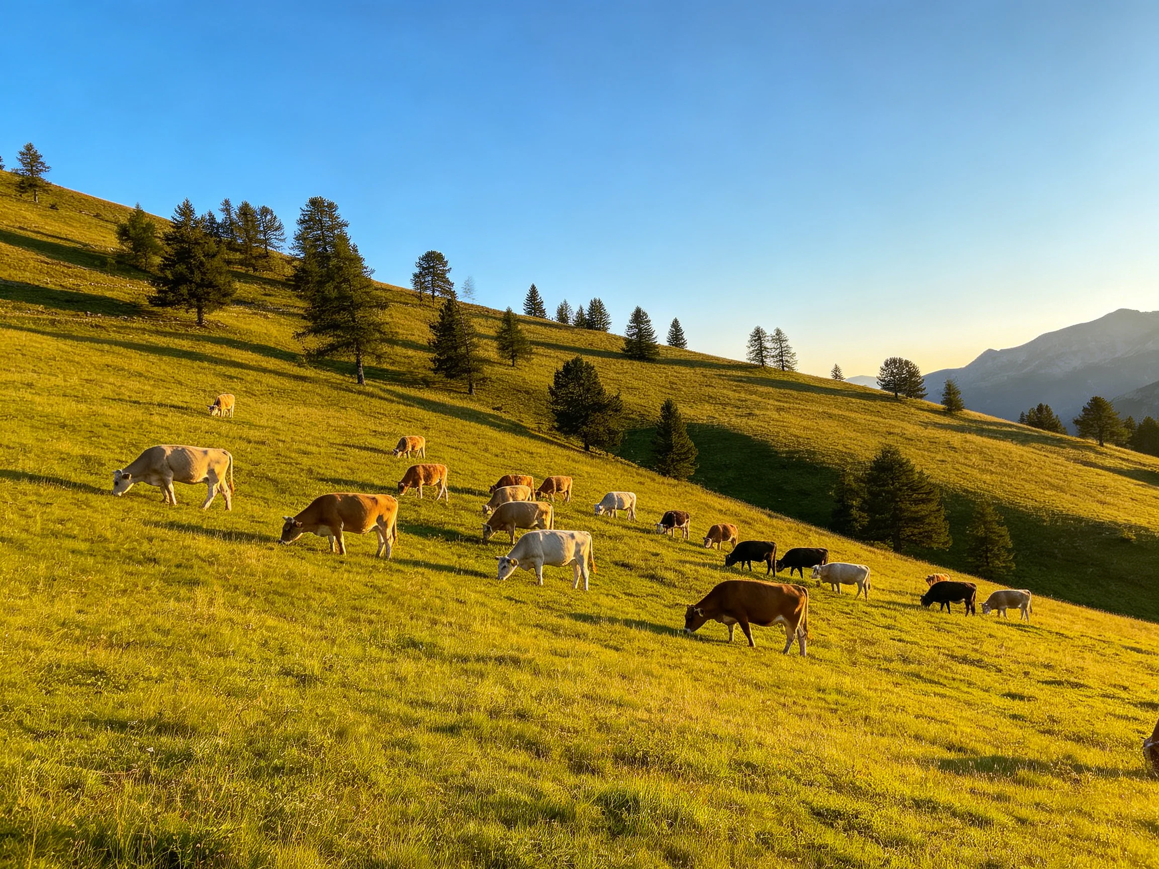 A colorful herd of cows grazes on a sun-drenched green hillside with scattered pine trees
