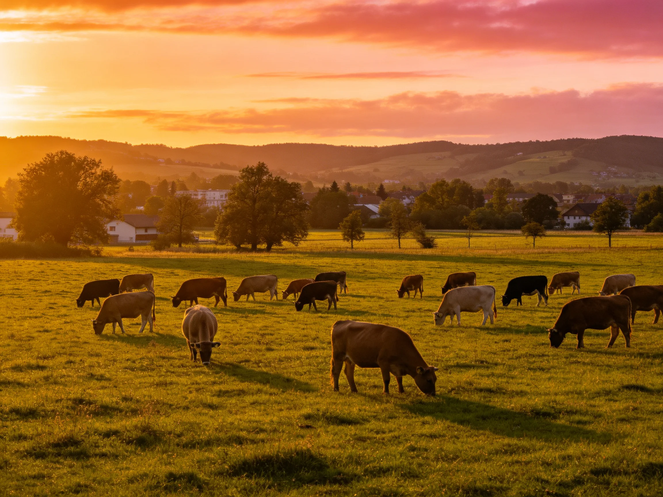 A colorful sunset illuminates a herd of cattle grazing in a green meadow
