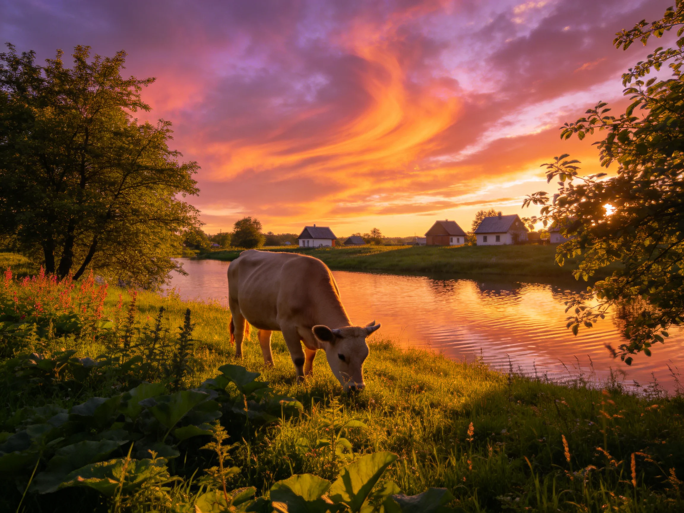 A cow grazes by a calm river under vibrant sunset skies