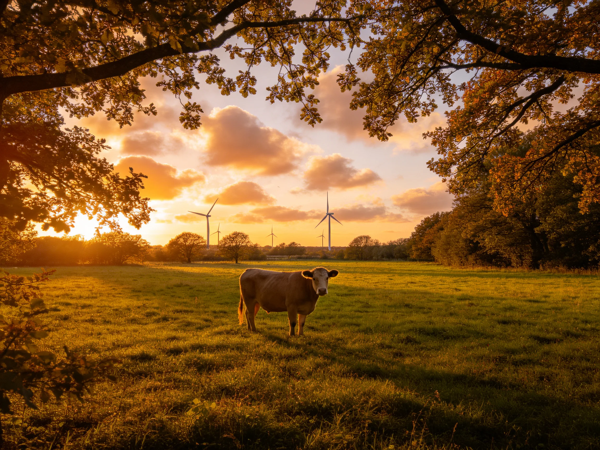 A cow in a sun-drenched meadow with wind turbines and autumn foliage