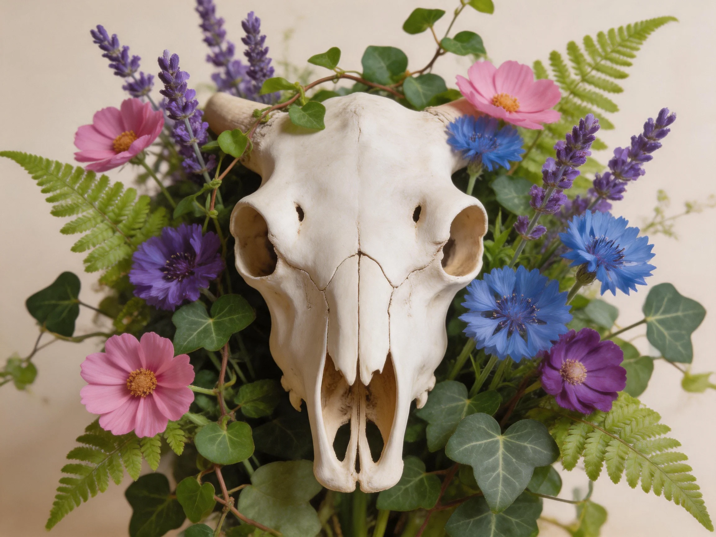 A cow skull encircled by colorful blooms and verdant greens
