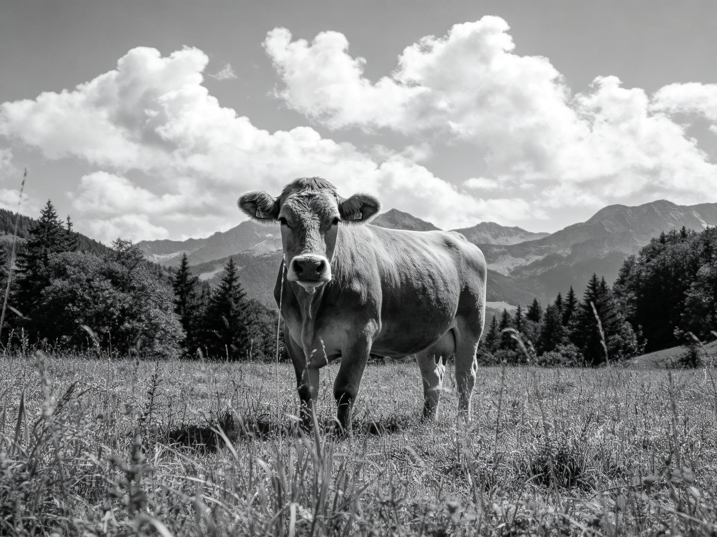 A cow stands in a grassy meadow near forested mountains