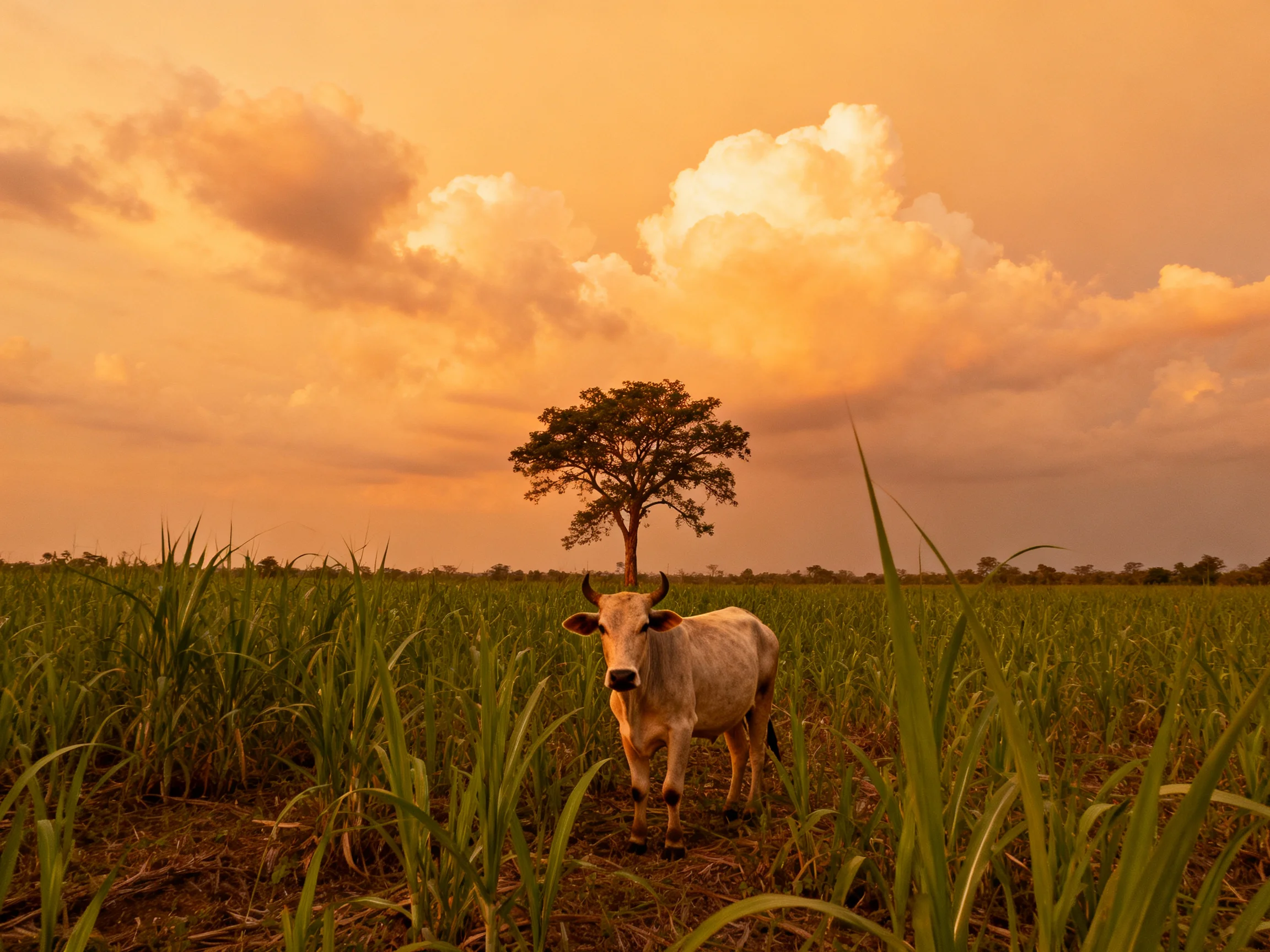 A cow stands in tall green grass beside a single tree under a golden sky