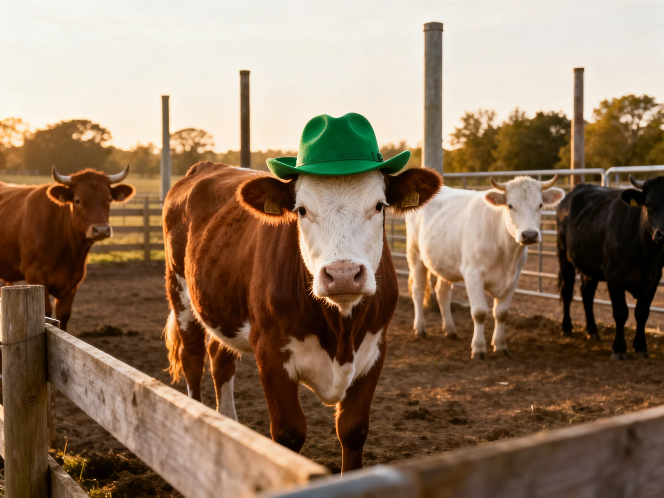 A cow wearing a green hat amid other cattle in a fenced enclosure