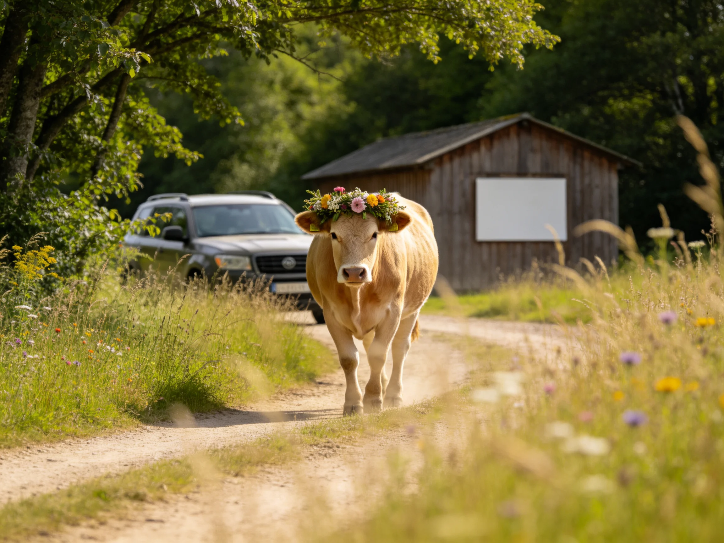 A cow with a flower crown walks down a dirt path near a wooden shed