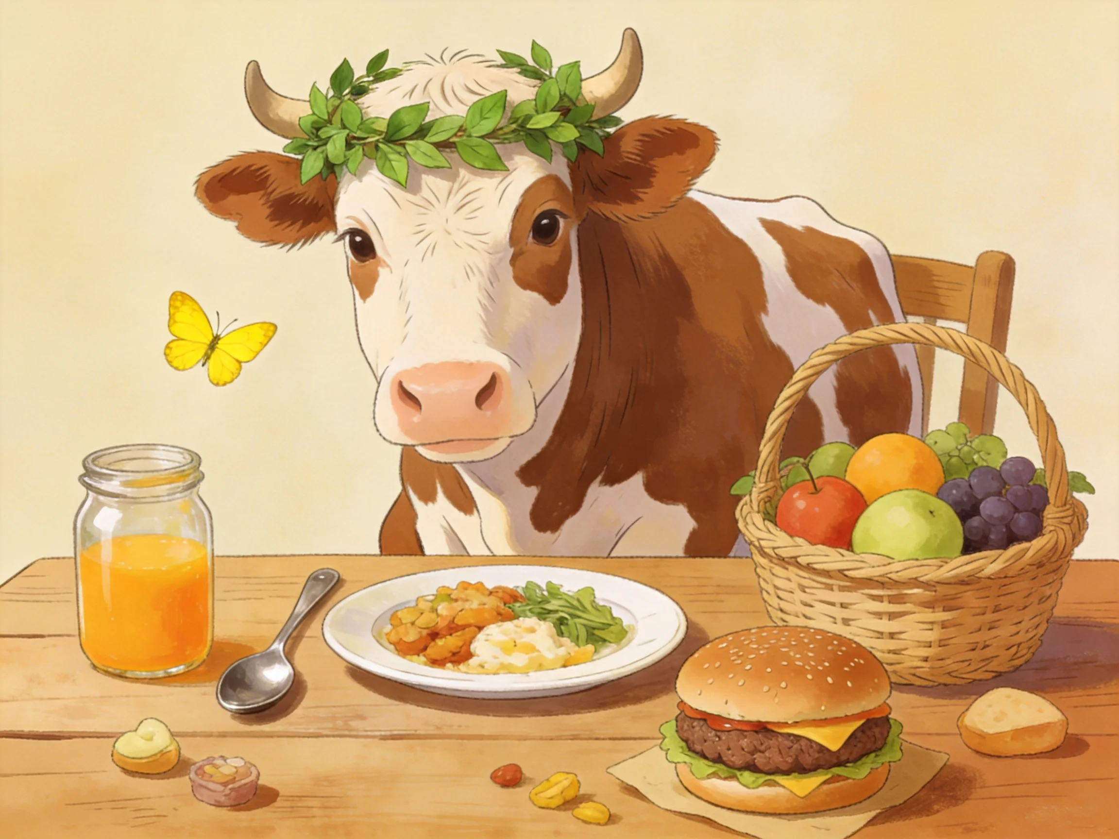 A cow with a green wreath enjoys a meal of fruits, burger, and juice on a wooden table