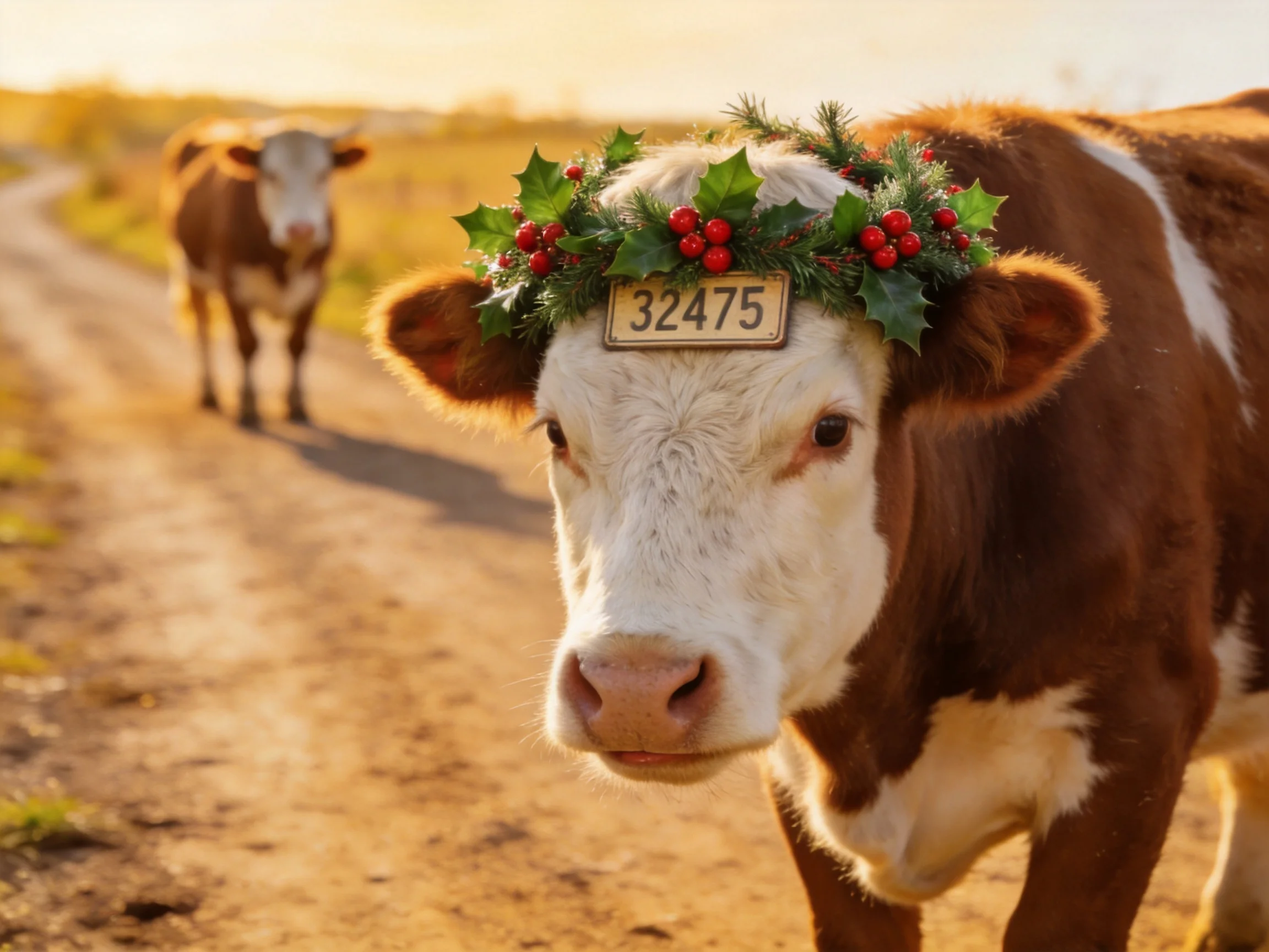 A cow with a holly wreath stands on a dirt road near another cow