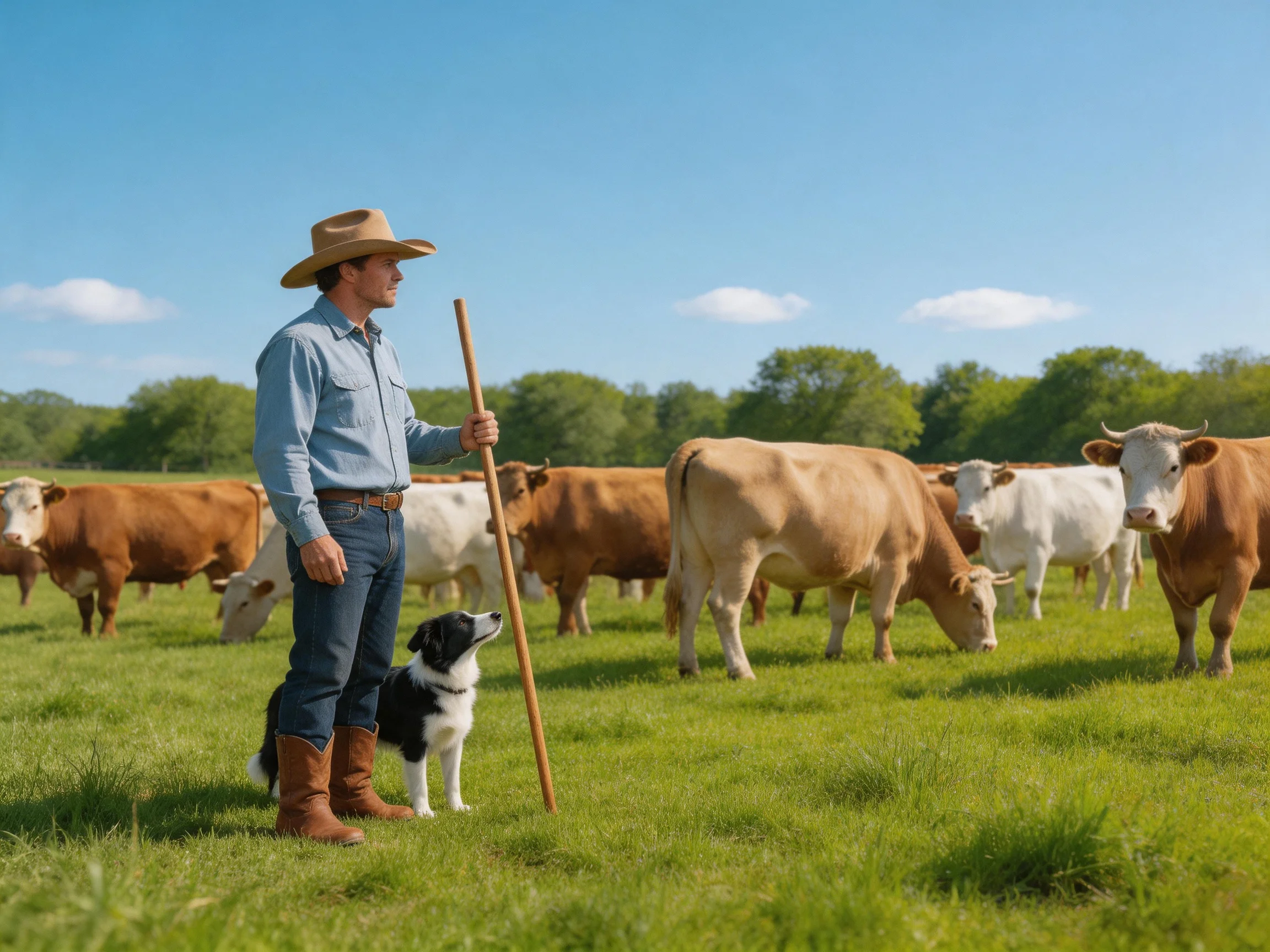 A cowboy, dog, and mixed-brown-white cattle graze in a sunny pasture