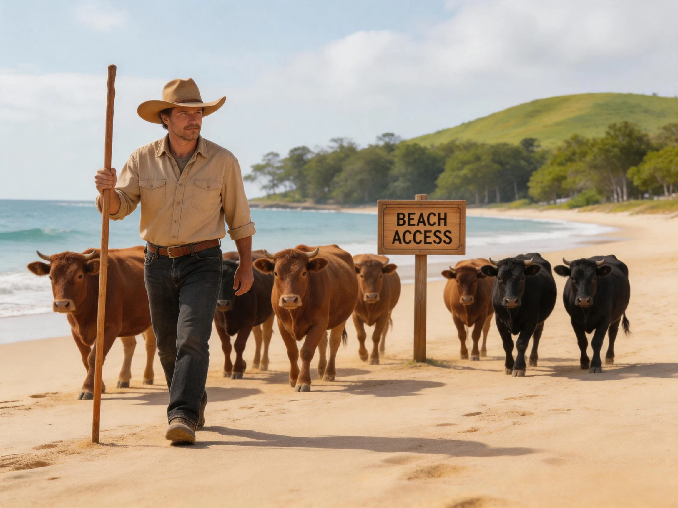 A cowboy herding cattle along a sandy beach near a wooden sign