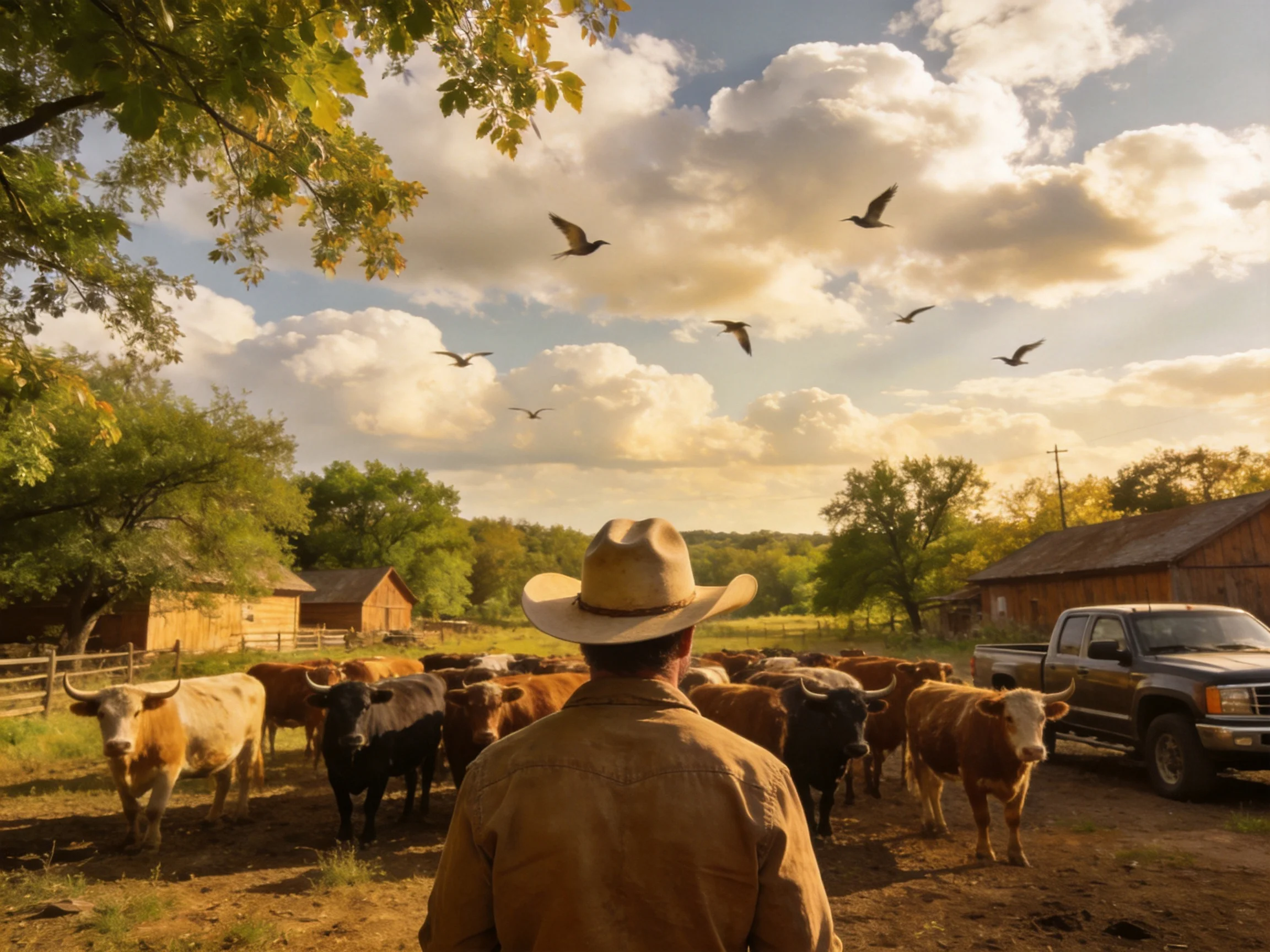 A cowboy herding cattle near rustic barns under golden skies