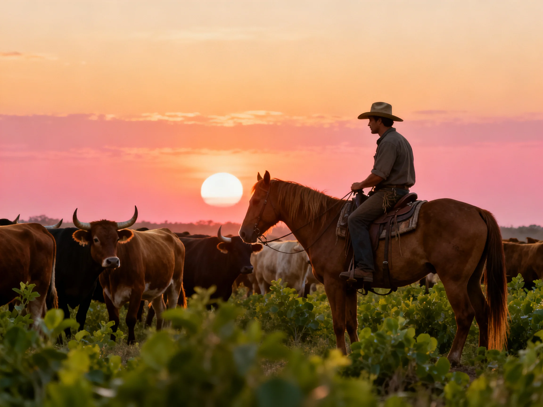 A cowboy herding cattle on horseback under pink-orange sunset