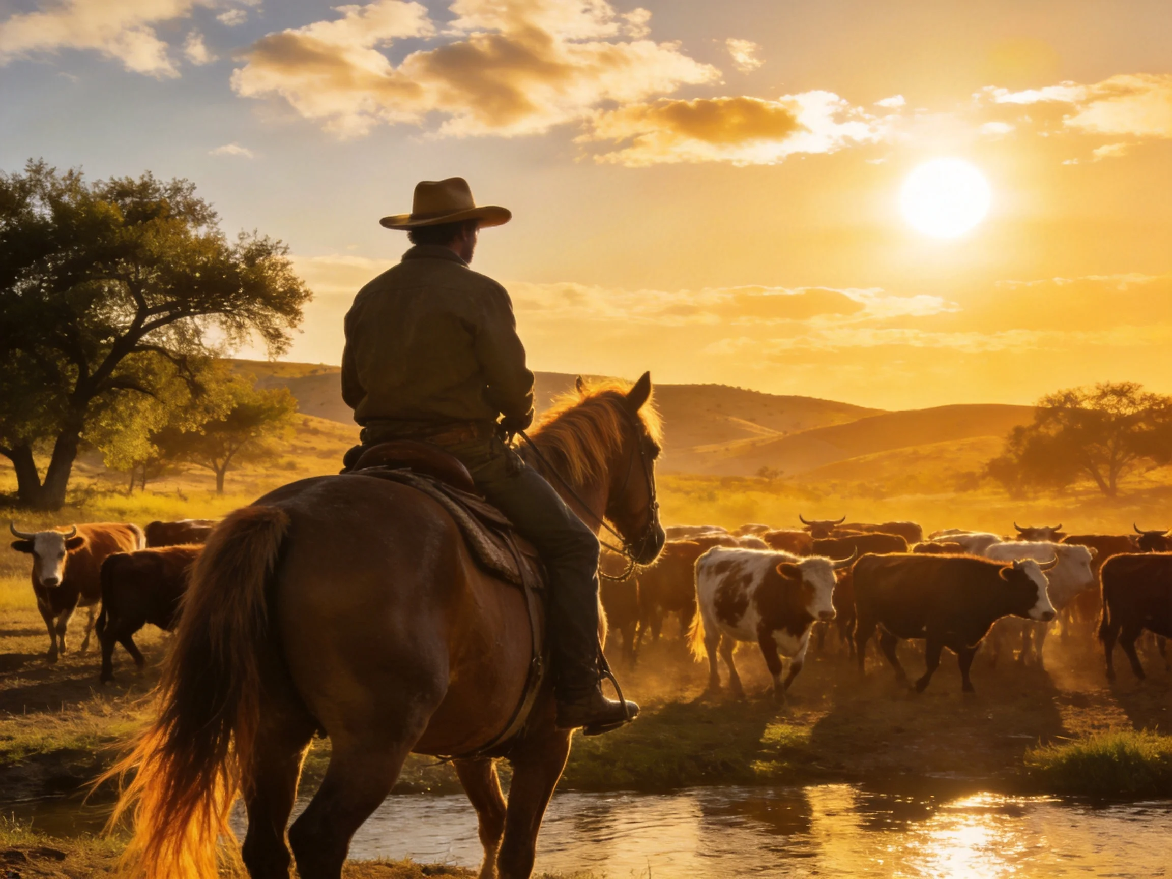 A cowboy herds cattle on a brown horse during golden sunset