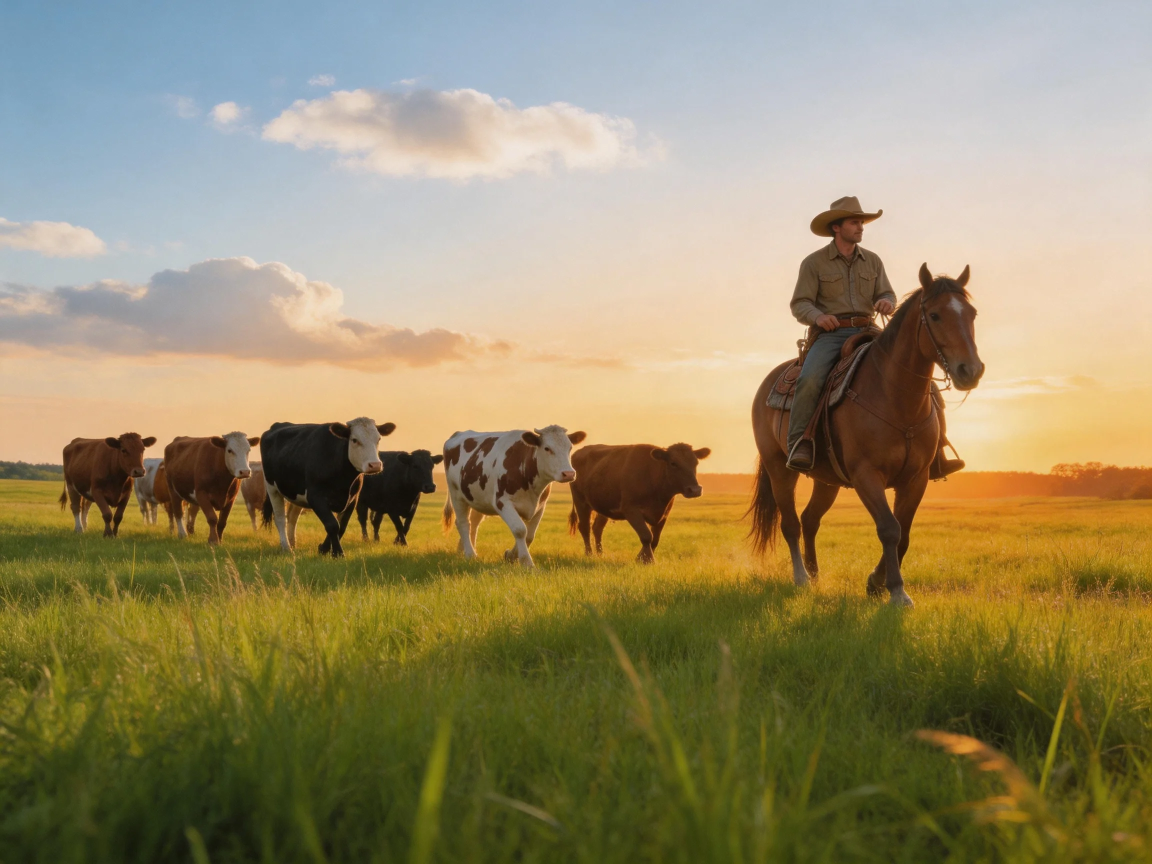 A cowboy herds cattle on a brown horse in a golden field at sunset