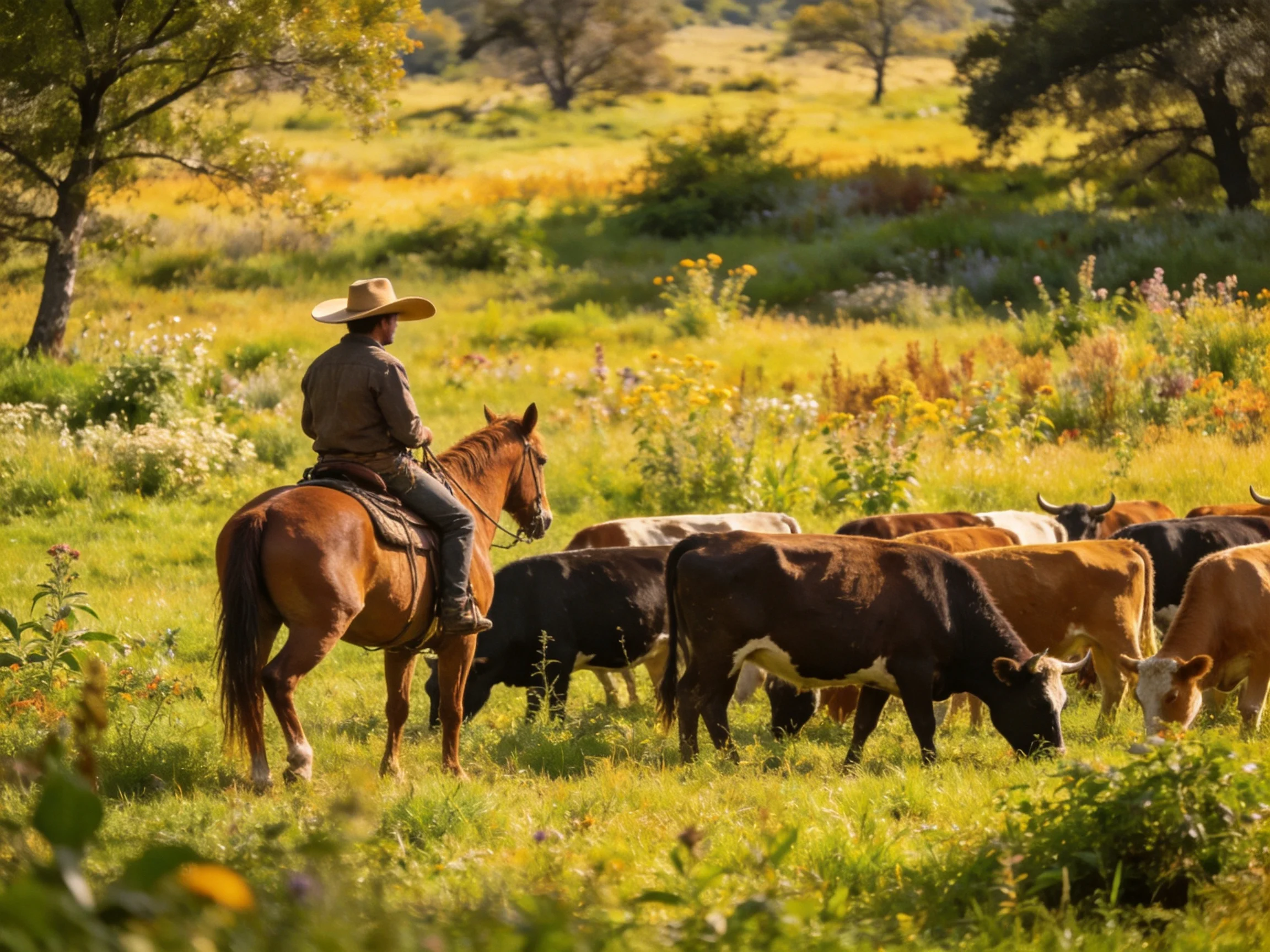 A cowboy herds cattle on a brown horse in a golden meadow