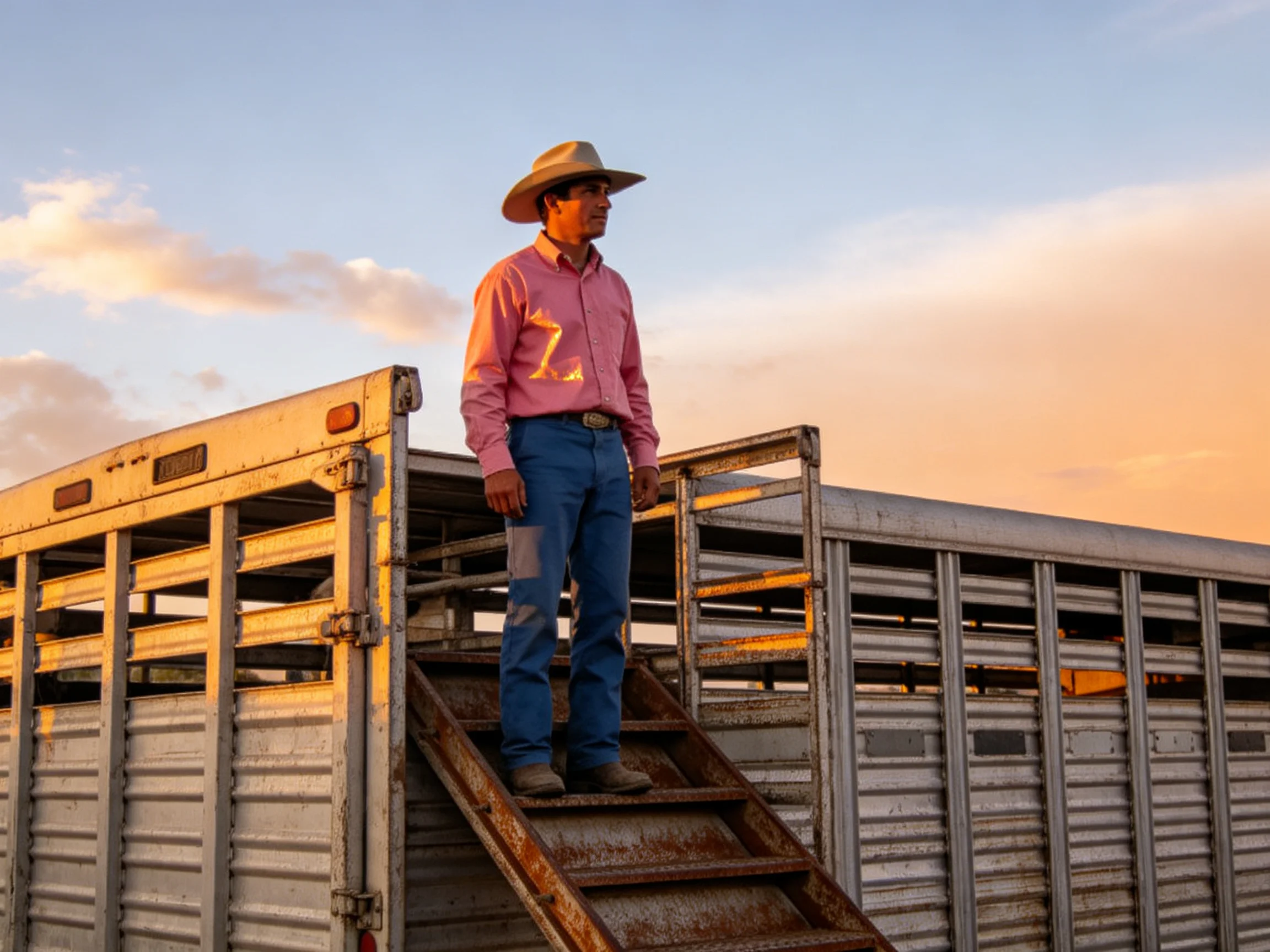 A cowboy in a pink shirt stands atop a livestock trailer at sunset