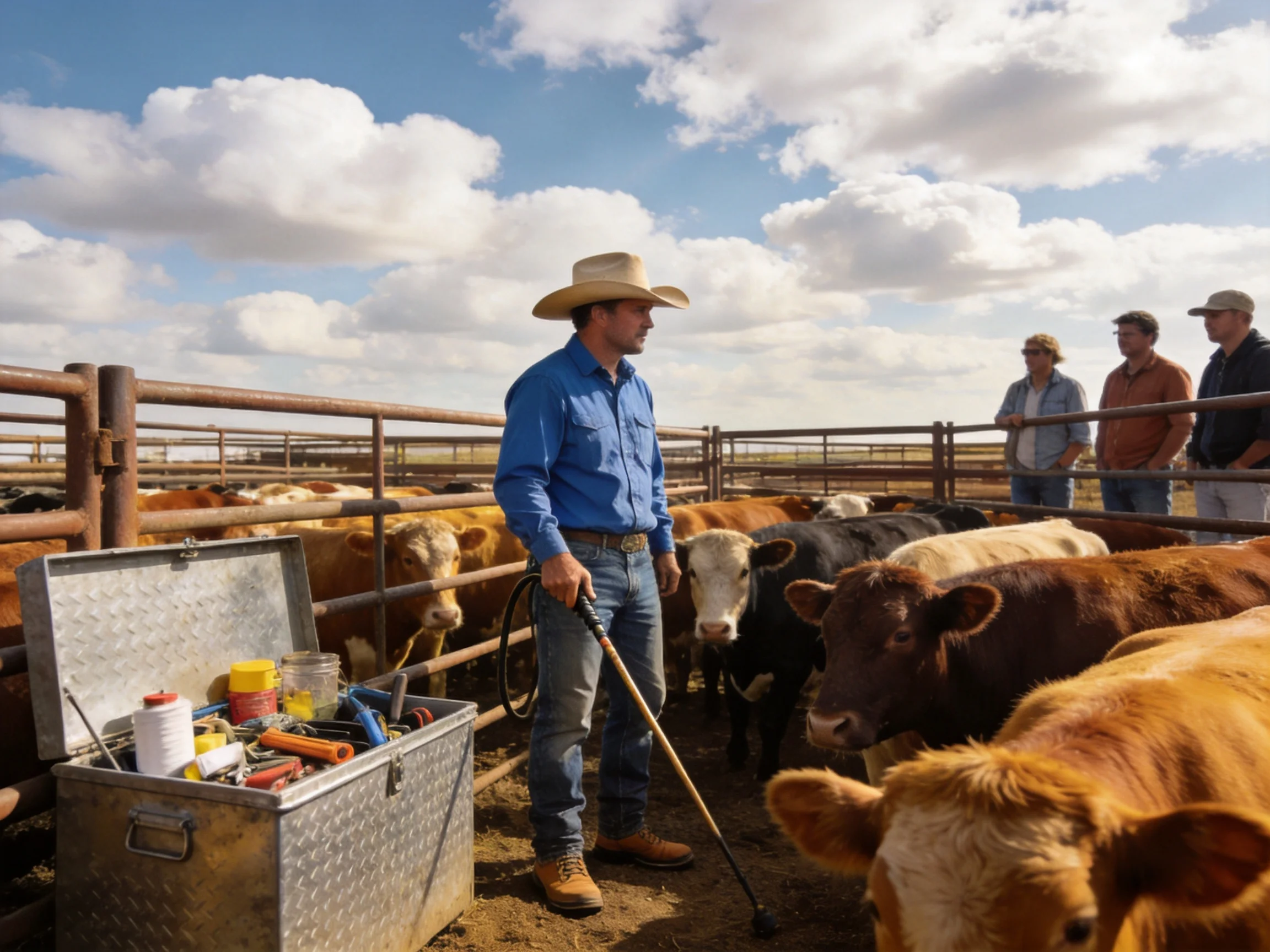 A cowboy in blue shirt tends cattle near metal toolbox with onlookers