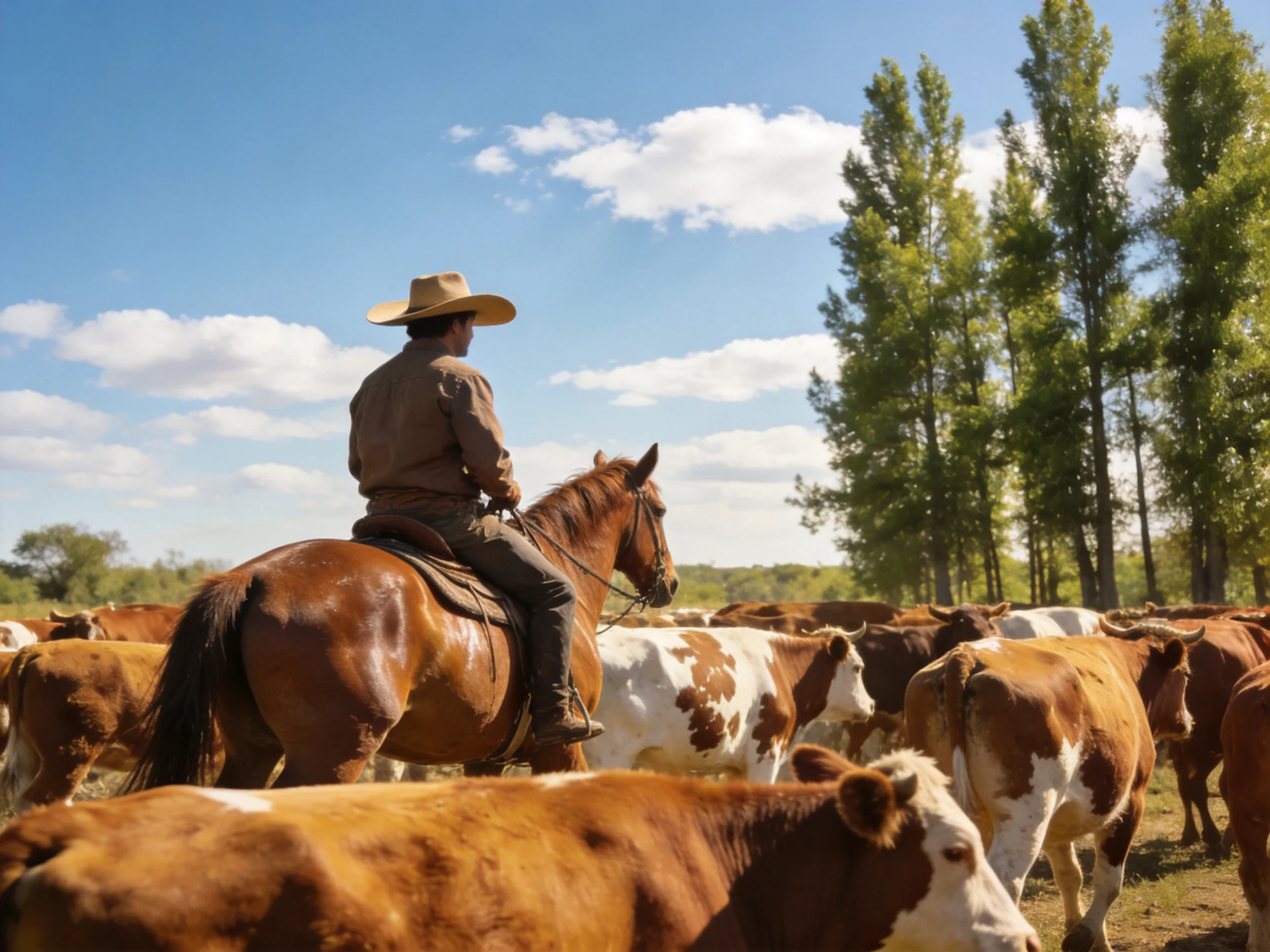 A cowboy on a brown horse herds cattle near tall green trees